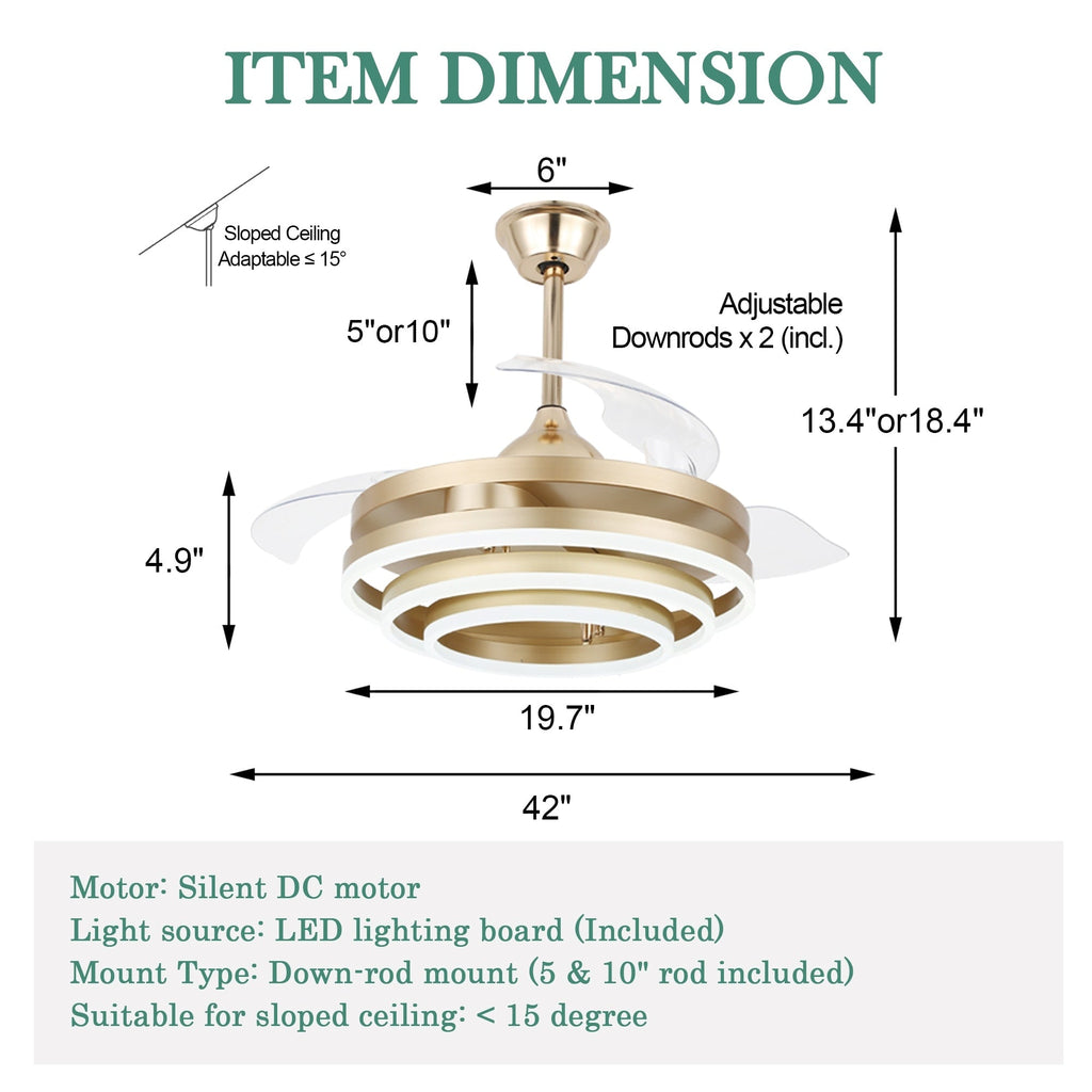 Ventilateur de plafond rétractable Cusp Barn 42 avec éclairage et télécommande, forme DIY, abat-jour moderne, moteur DC silencieux, éclairage LED au plafond.
