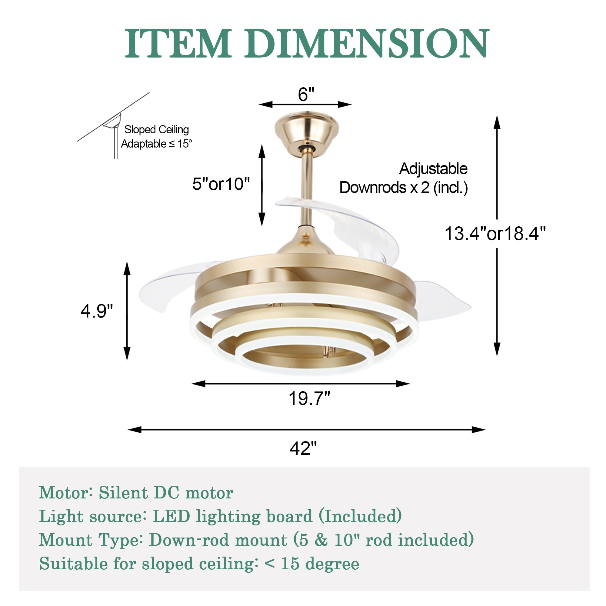 Ventilateur de plafond rétractable Cusp Barn 42 avec éclairage et télécommande, forme DIY, abat-jour moderne, moteur DC silencieux, éclairage LED au plafond.