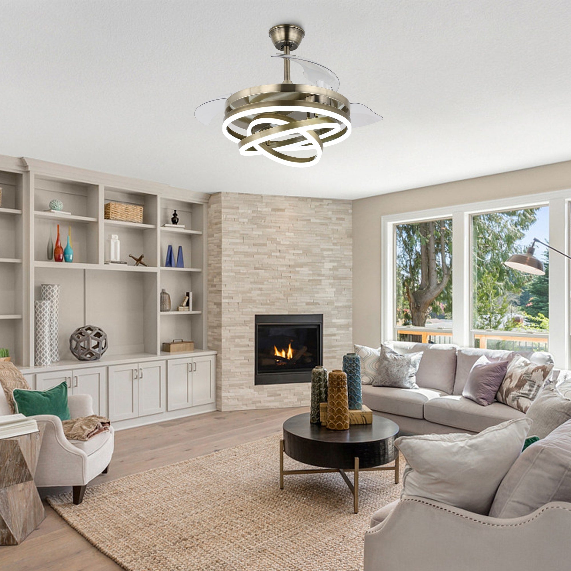 Ventilateur de plafond rétractable Cusp Barn 42 avec éclairage et télécommande, forme DIY, abat-jour moderne, moteur DC silencieux, éclairage LED au plafond.