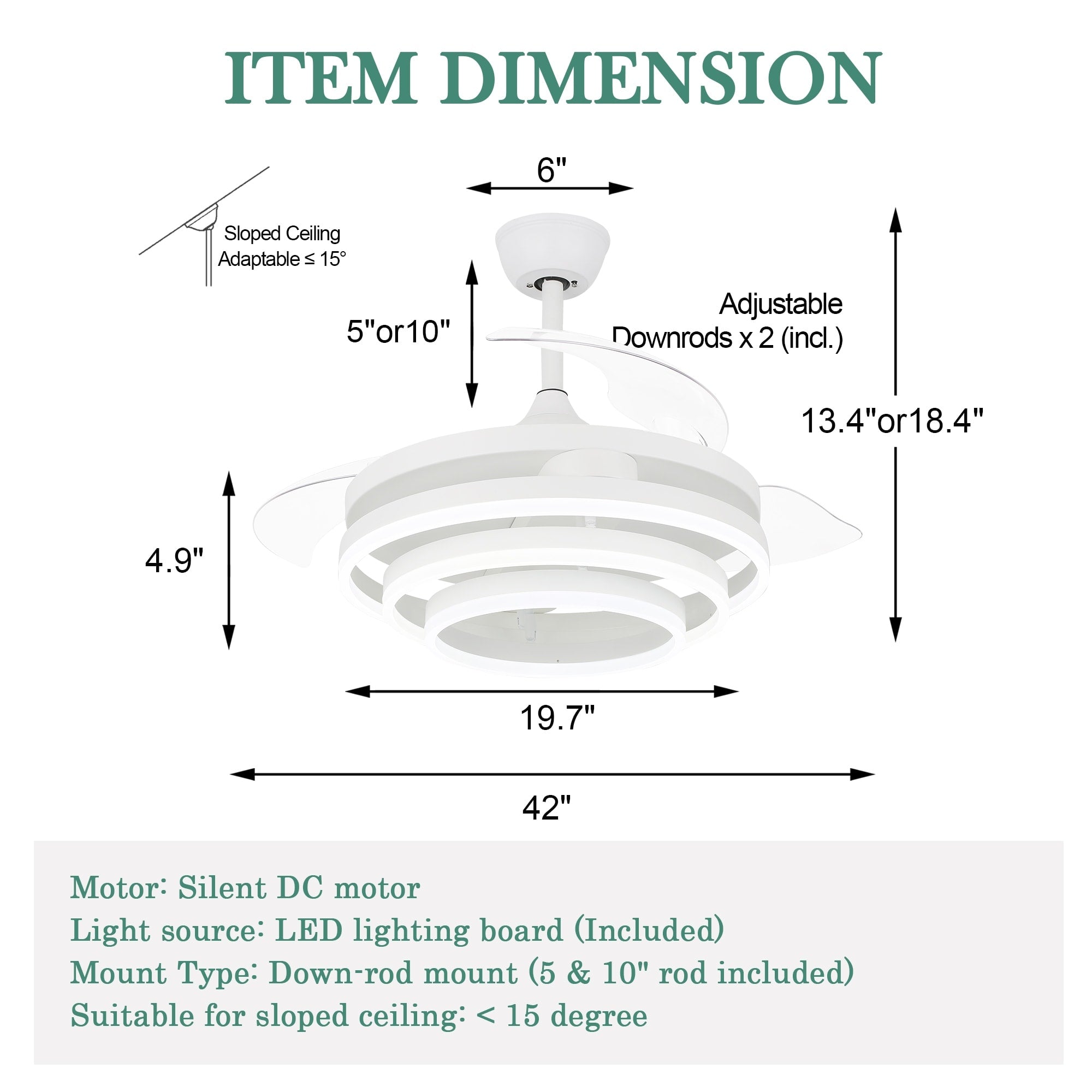 Ventilateur de plafond rétractable Cusp Barn 42 avec éclairage et télécommande, forme DIY, abat-jour moderne, moteur DC silencieux, éclairage LED au plafond.