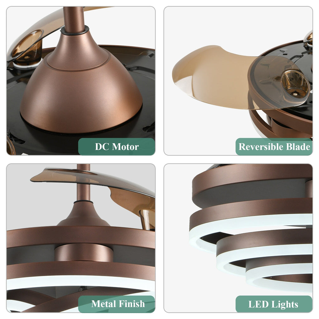 Ventilateur de plafond rétractable Cusp Barn 42 avec éclairage et télécommande, forme DIY, abat-jour moderne, moteur DC silencieux, éclairage LED au plafond.