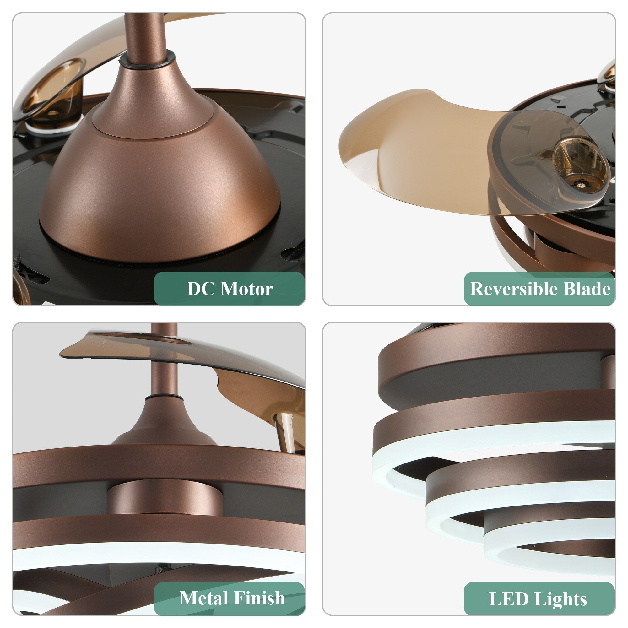 Ventilateur de plafond rétractable Cusp Barn 42 avec éclairage et télécommande, forme DIY, abat-jour moderne, moteur DC silencieux, éclairage LED au plafond.