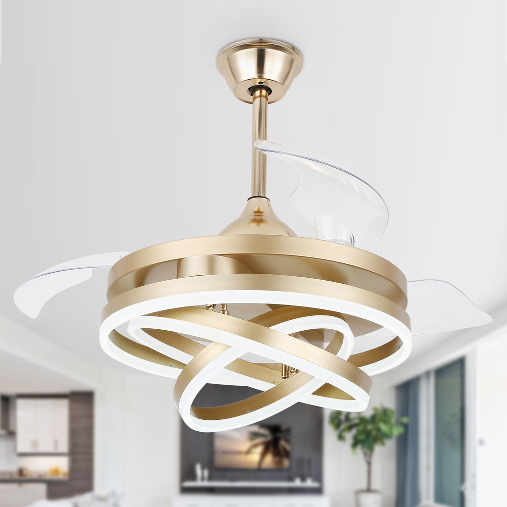 Ventilateur de plafond rétractable Cusp Barn 42 avec éclairage et télécommande, forme DIY, abat-jour moderne, moteur DC silencieux, éclairage LED au plafond.