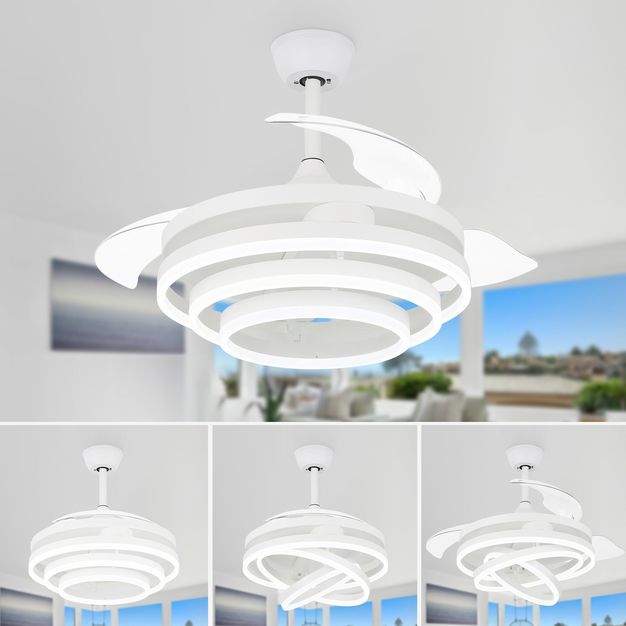 Ventilateur de plafond rétractable Cusp Barn 42 avec éclairage et télécommande, forme DIY, abat-jour moderne, moteur DC silencieux, éclairage LED au plafond.
