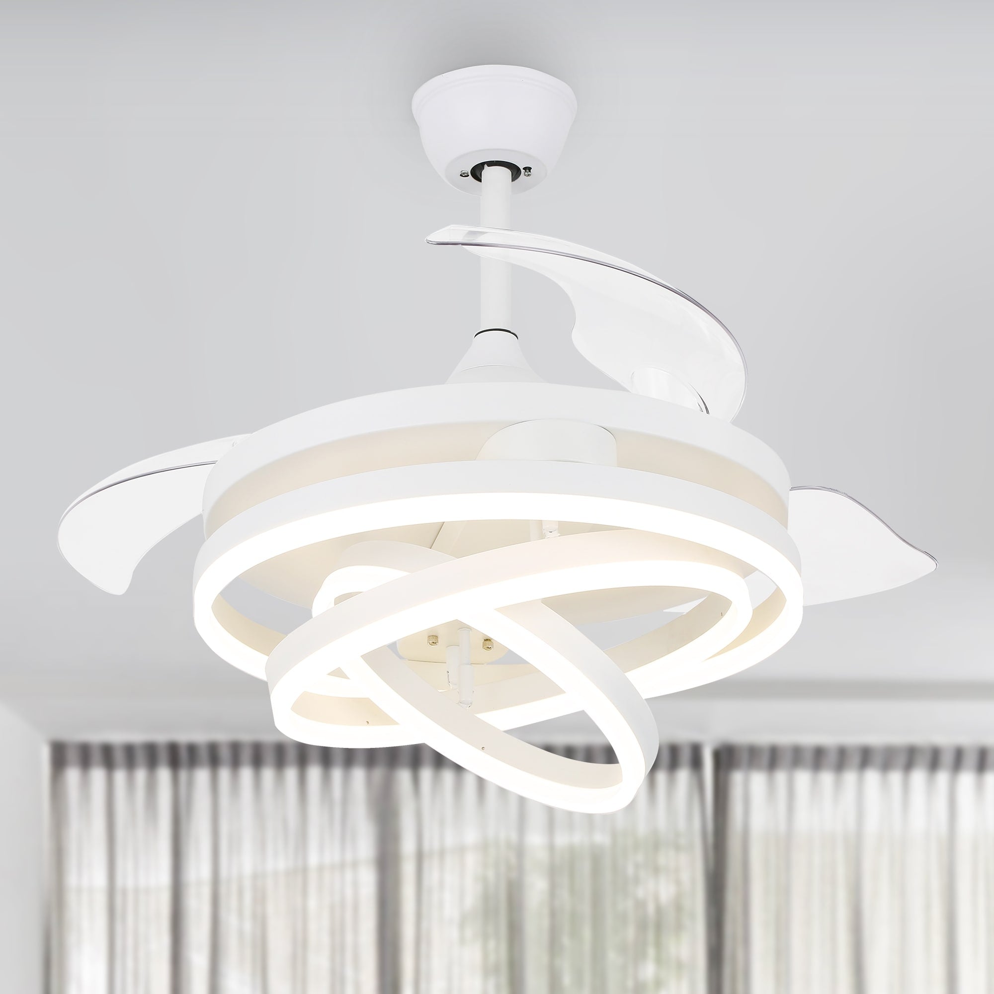 Ventilateur de plafond rétractable Cusp Barn 42 avec éclairage et télécommande, forme DIY, abat-jour moderne, moteur DC silencieux, éclairage LED au plafond.