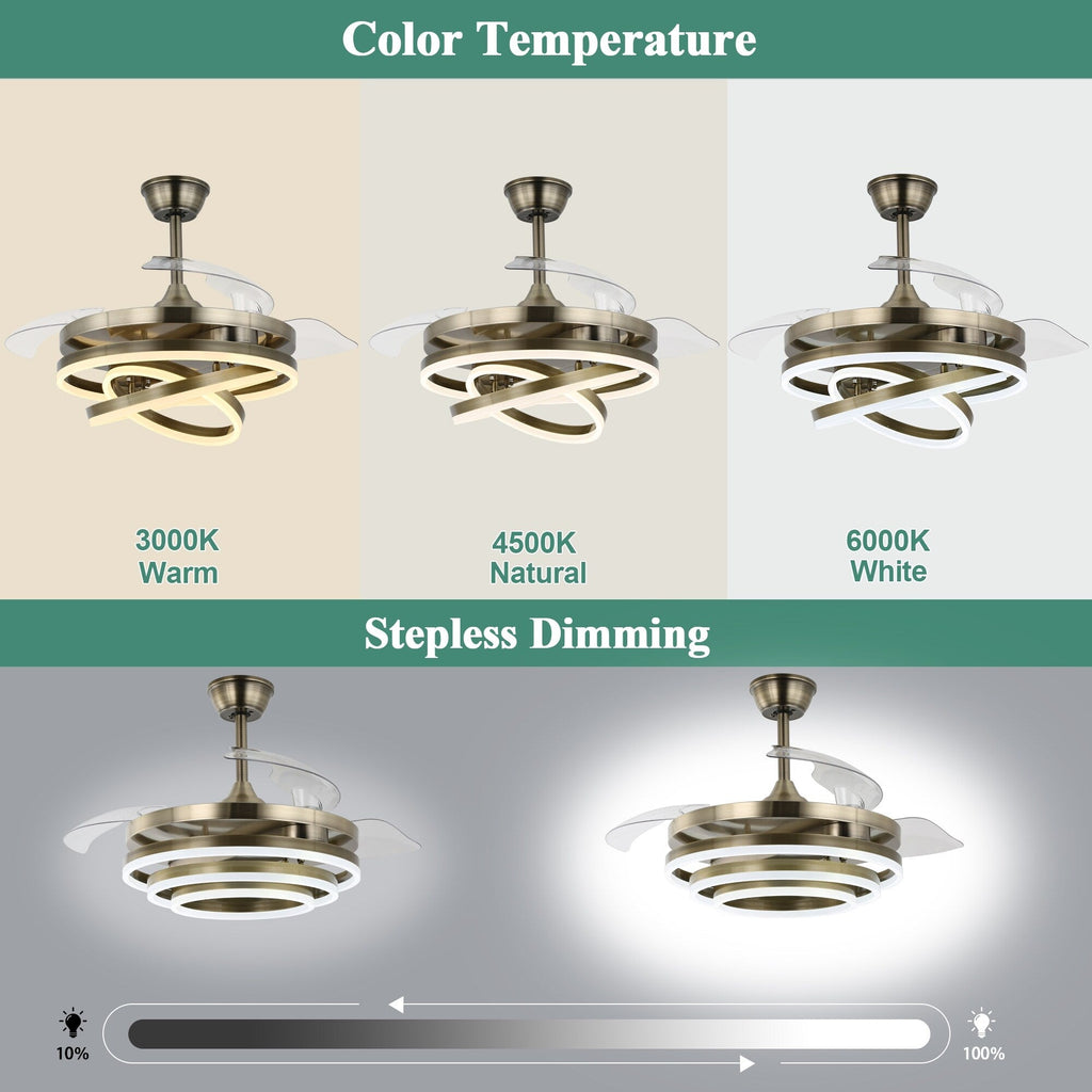 Ventilateur de plafond rétractable Cusp Barn 42 avec éclairage et télécommande, forme DIY, abat-jour moderne, moteur DC silencieux, éclairage LED au plafond.