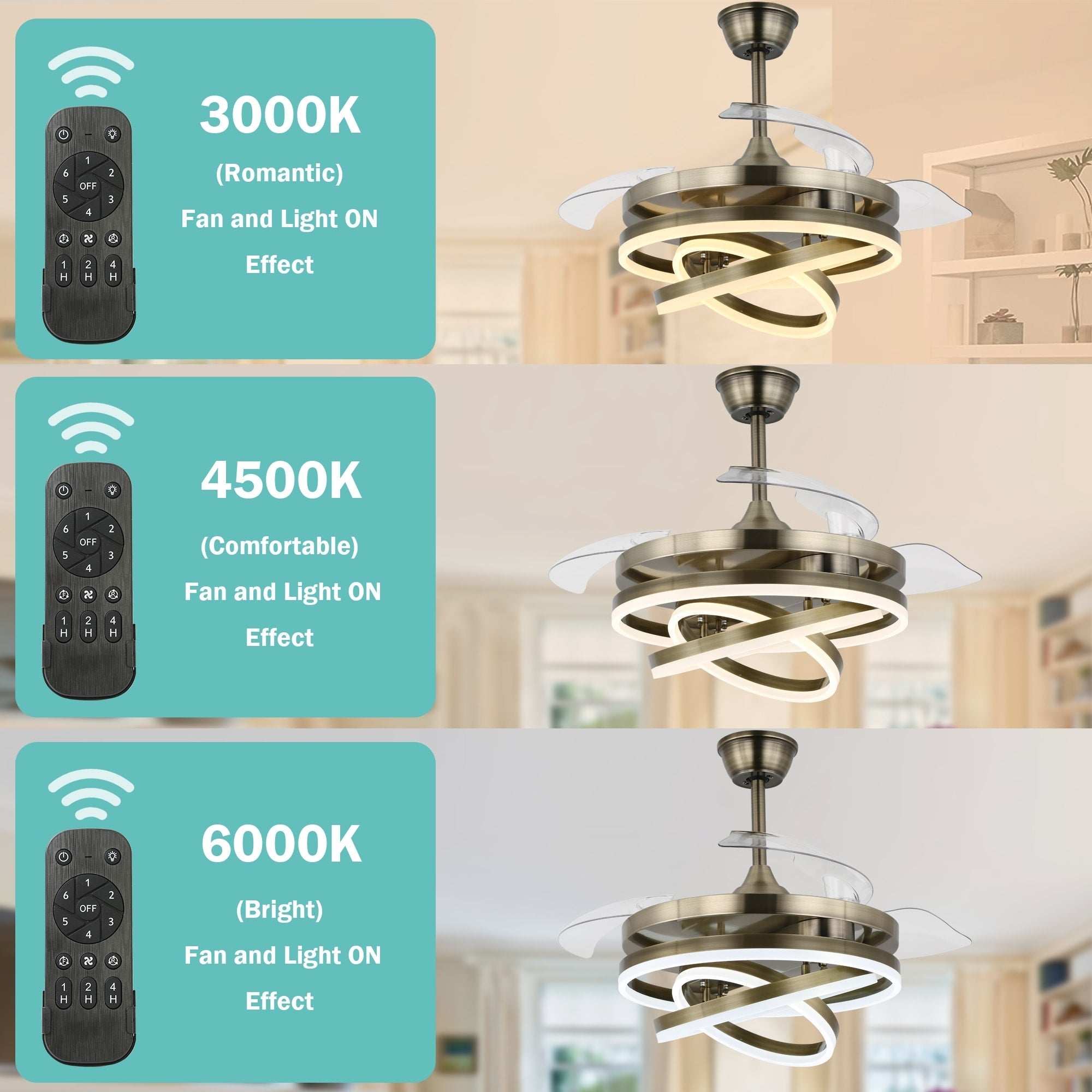 Ventilateur de plafond rétractable Cusp Barn 42 avec éclairage et télécommande, forme DIY, abat-jour moderne, moteur DC silencieux, éclairage LED au plafond.