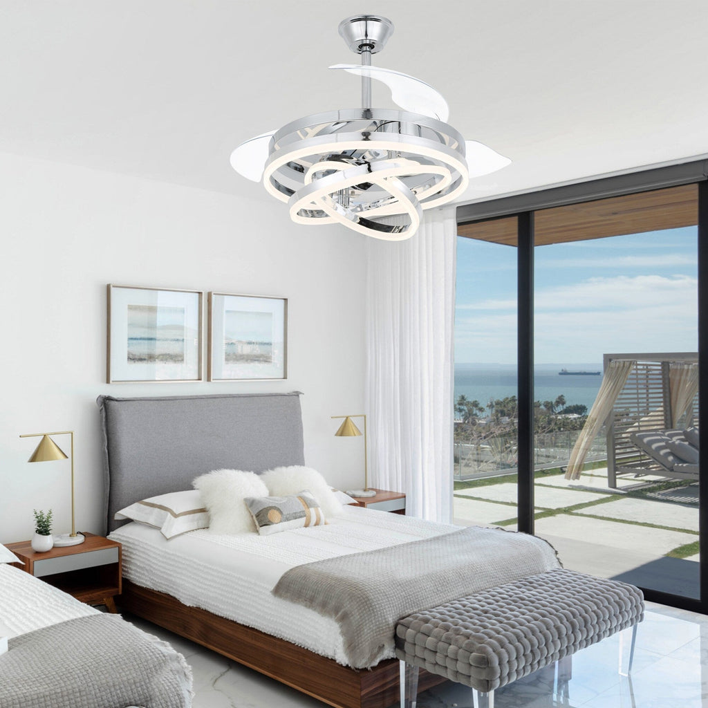 Ventilateur de plafond rétractable Cusp Barn 42 avec éclairage et télécommande, forme DIY, abat-jour moderne, moteur DC silencieux, éclairage LED au plafond.