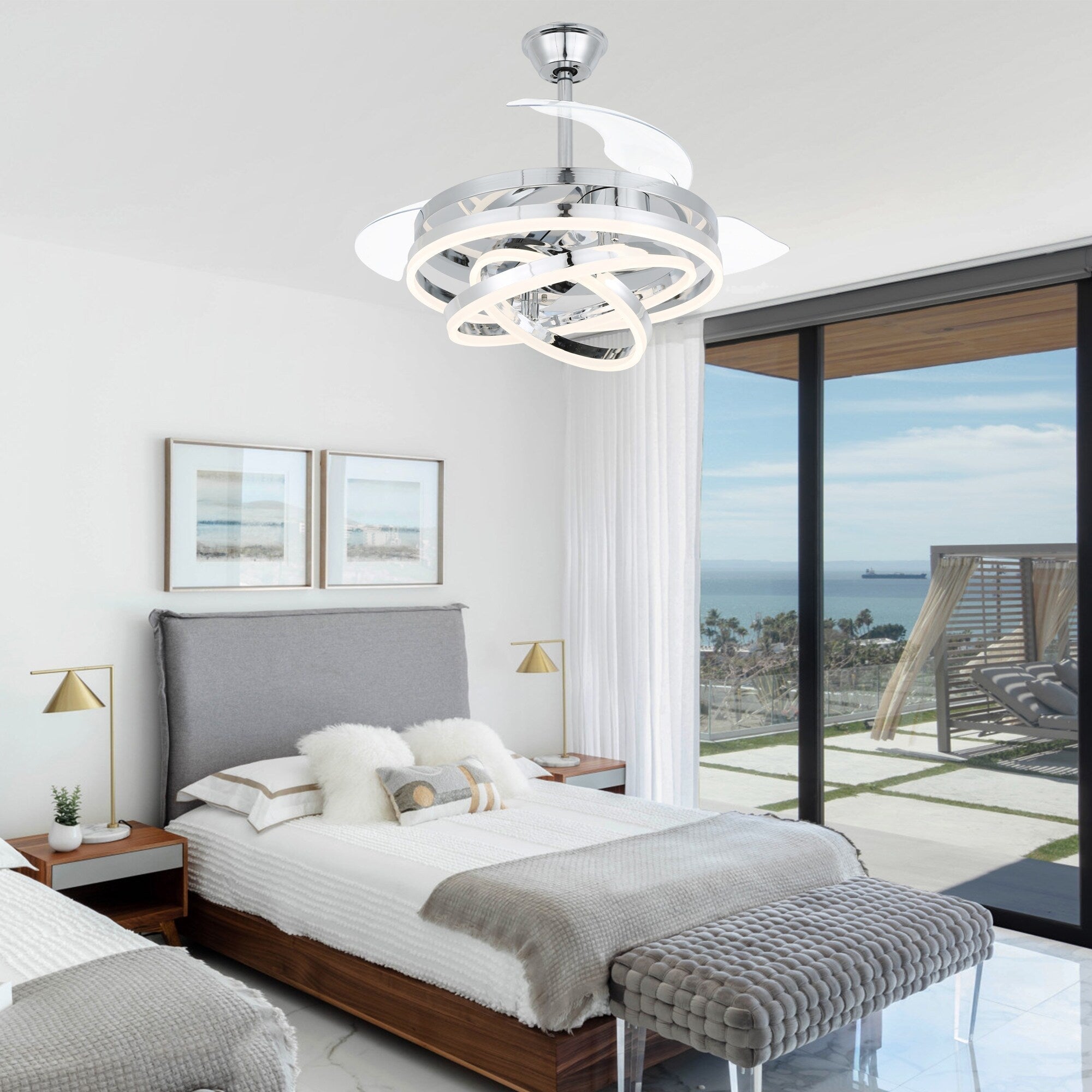 Ventilateur de plafond rétractable Cusp Barn 42 avec éclairage et télécommande, forme DIY, abat-jour moderne, moteur DC silencieux, éclairage LED au plafond.