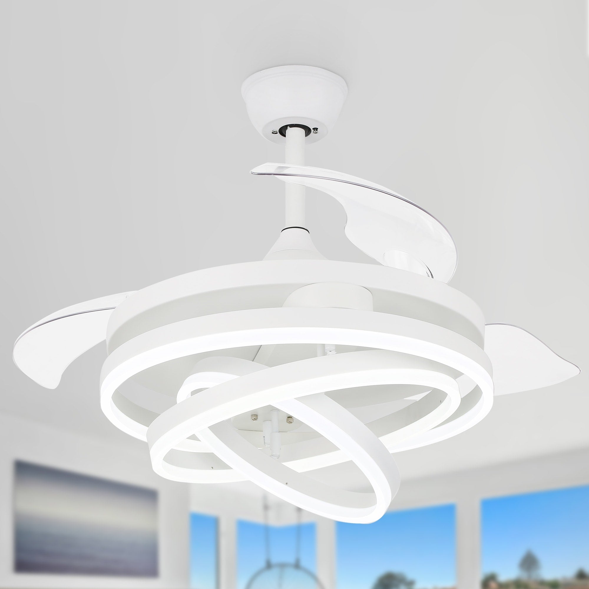 Ventilateur de plafond rétractable Cusp Barn 42 avec éclairage et télécommande, forme DIY, abat-jour moderne, moteur DC silencieux, éclairage LED au plafond.