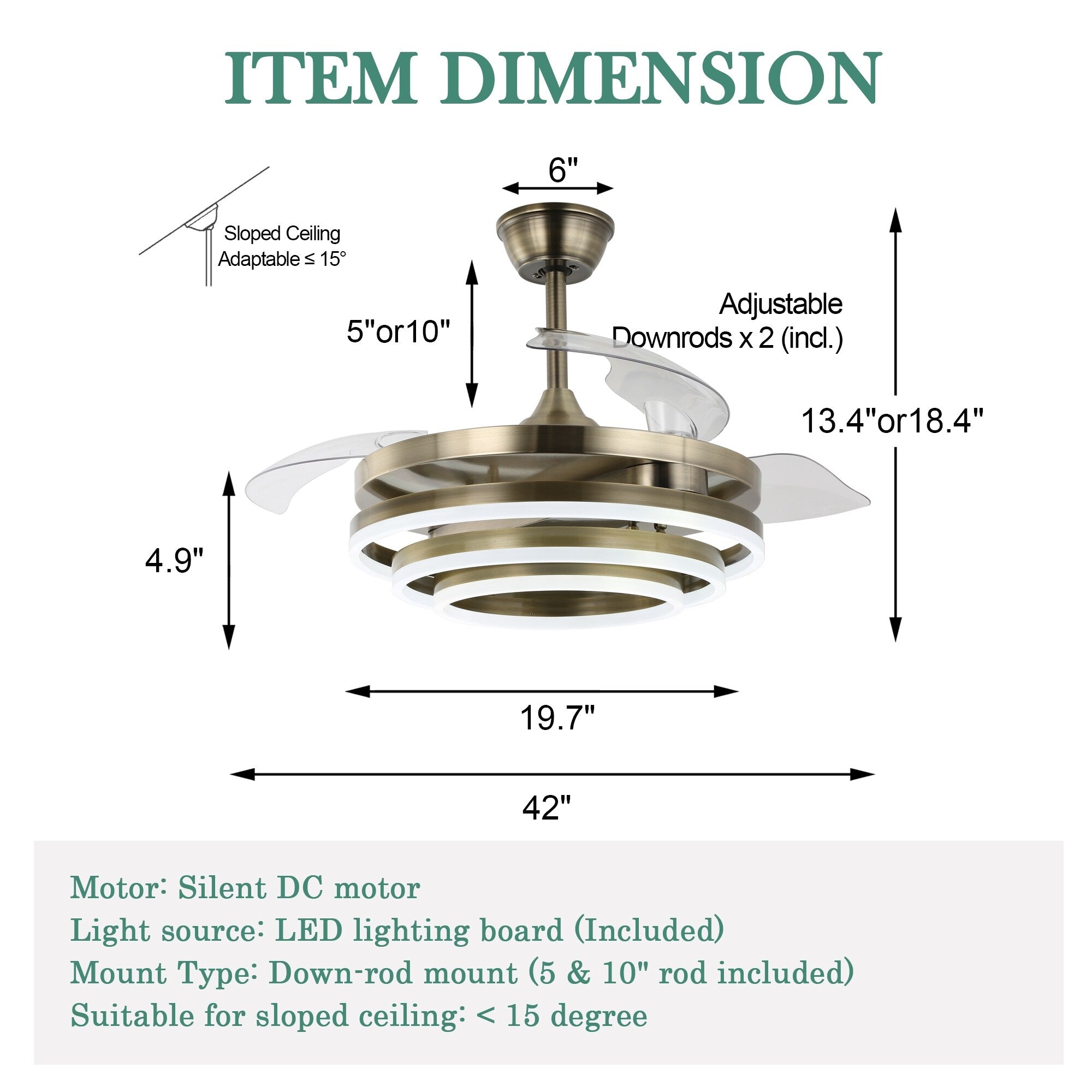 Ventilateur de plafond rétractable Cusp Barn 42 avec éclairage et télécommande, forme DIY, abat-jour moderne, moteur DC silencieux, éclairage LED au plafond.