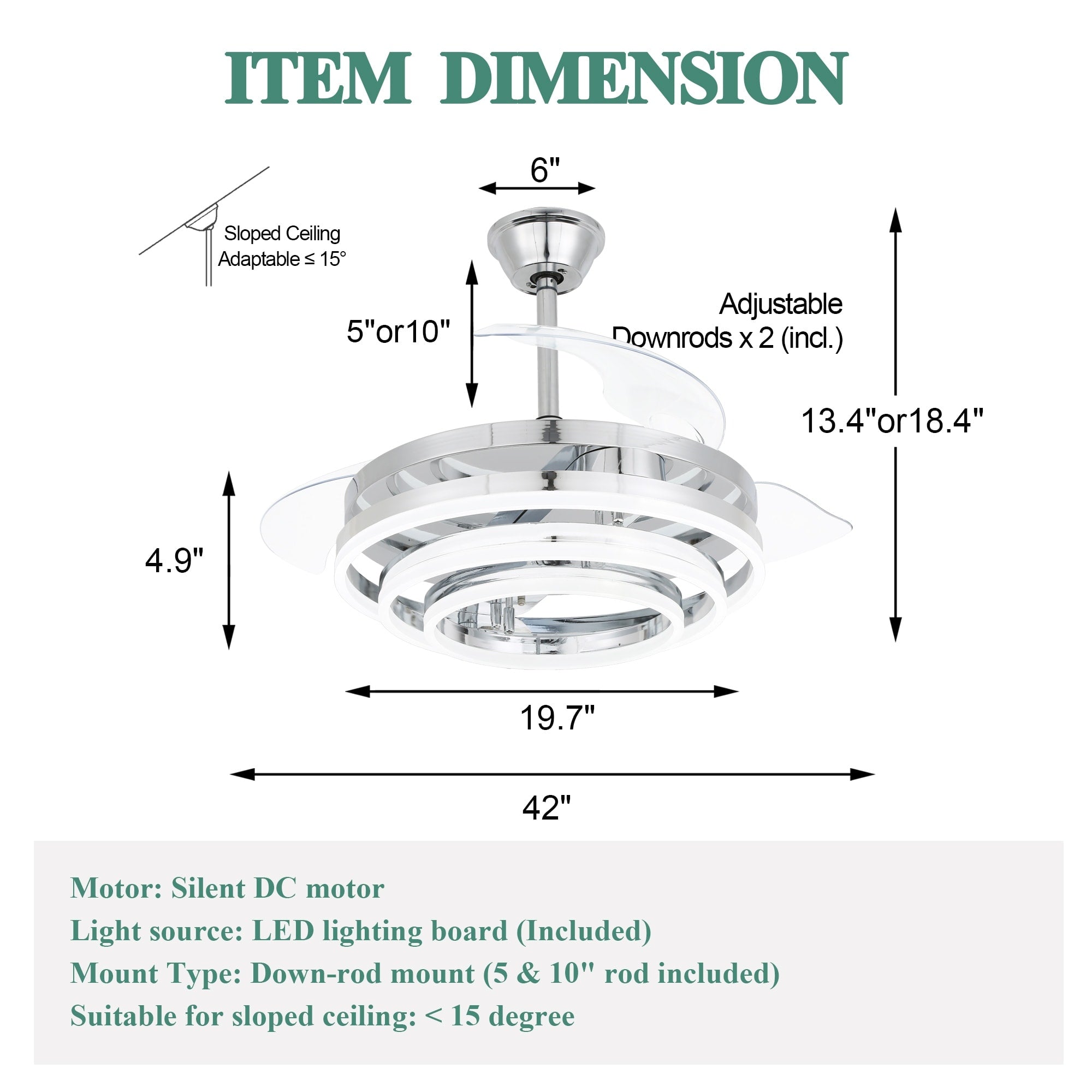 Ventilateur de plafond rétractable Cusp Barn 42 avec éclairage et télécommande, forme DIY, abat-jour moderne, moteur DC silencieux, éclairage LED au plafond.
