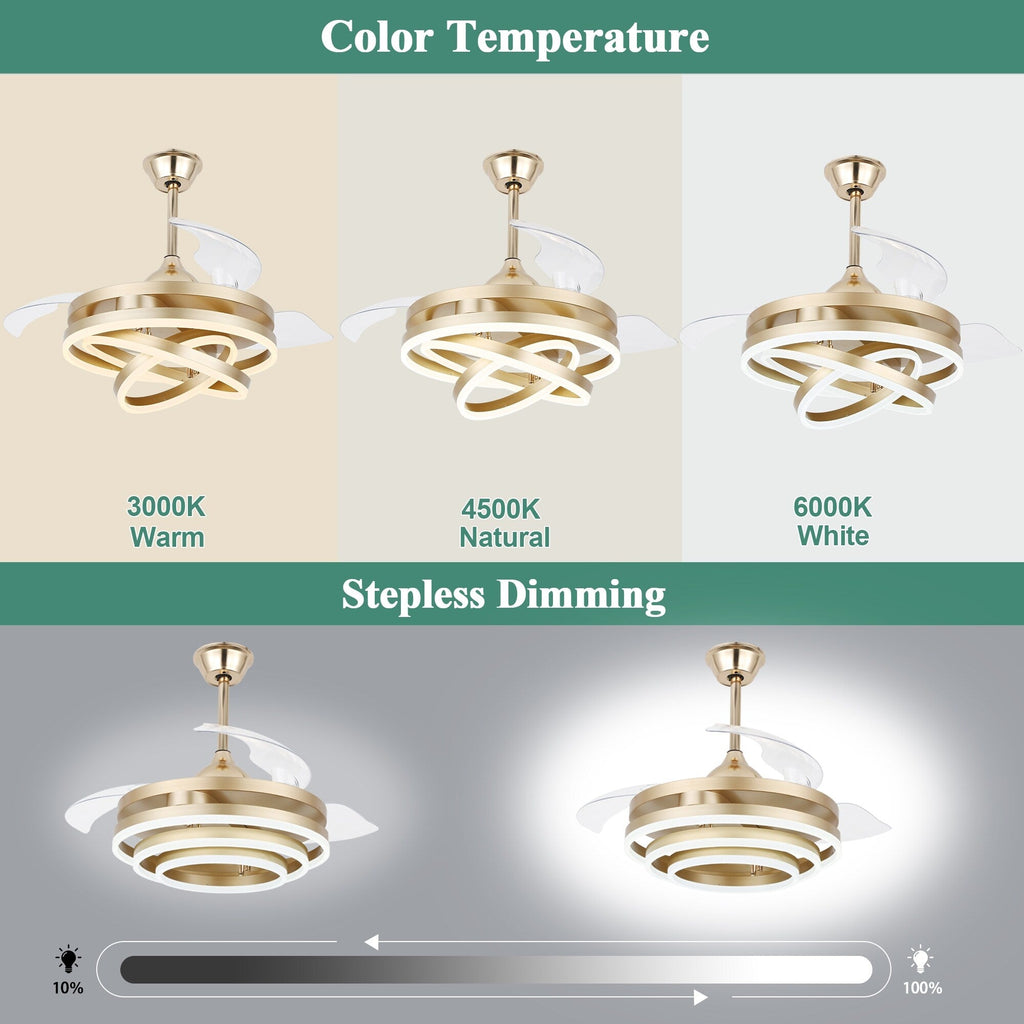 Ventilateur de plafond rétractable Cusp Barn 42 avec éclairage et télécommande, forme DIY, abat-jour moderne, moteur DC silencieux, éclairage LED au plafond.