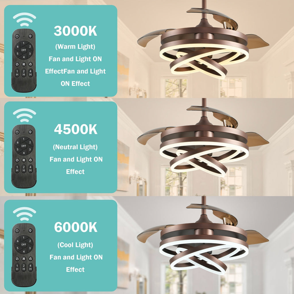 Ventilateur de plafond rétractable Cusp Barn 42 avec éclairage et télécommande, forme DIY, abat-jour moderne, moteur DC silencieux, éclairage LED au plafond.