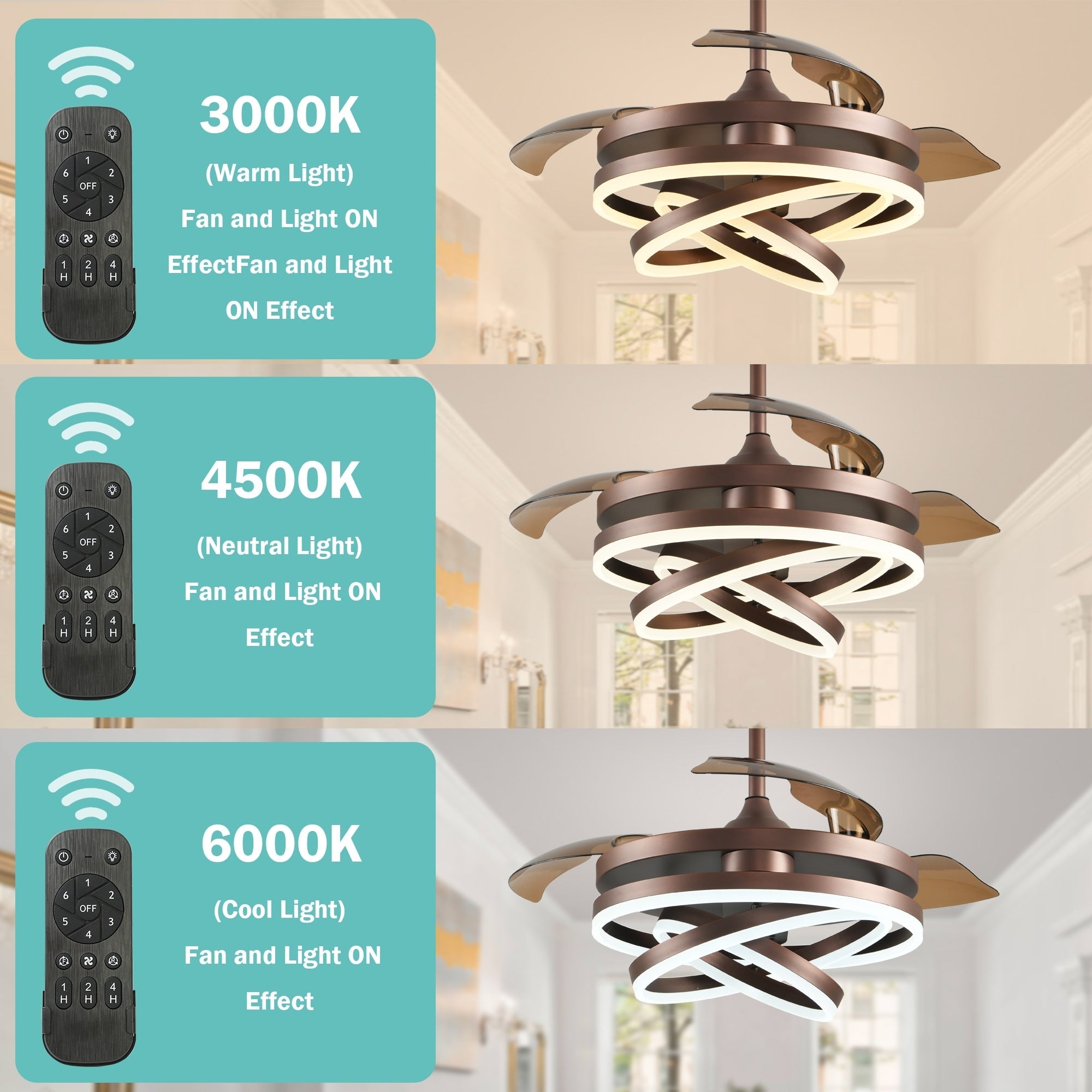 Ventilateur de plafond rétractable Cusp Barn 42 avec éclairage et télécommande, forme DIY, abat-jour moderne, moteur DC silencieux, éclairage LED au plafond.