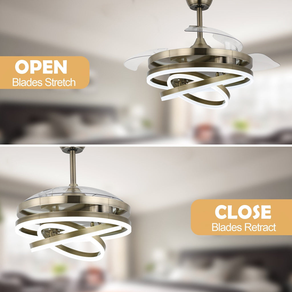 Ventilateur de plafond rétractable Cusp Barn 42 avec éclairage et télécommande, forme DIY, abat-jour moderne, moteur DC silencieux, éclairage LED au plafond.