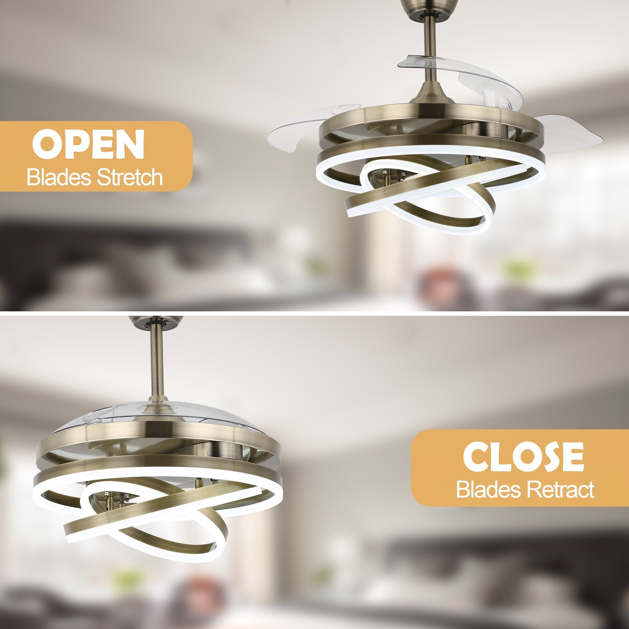 Ventilateur de plafond rétractable Cusp Barn 42 avec éclairage et télécommande, forme DIY, abat-jour moderne, moteur DC silencieux, éclairage LED au plafond.