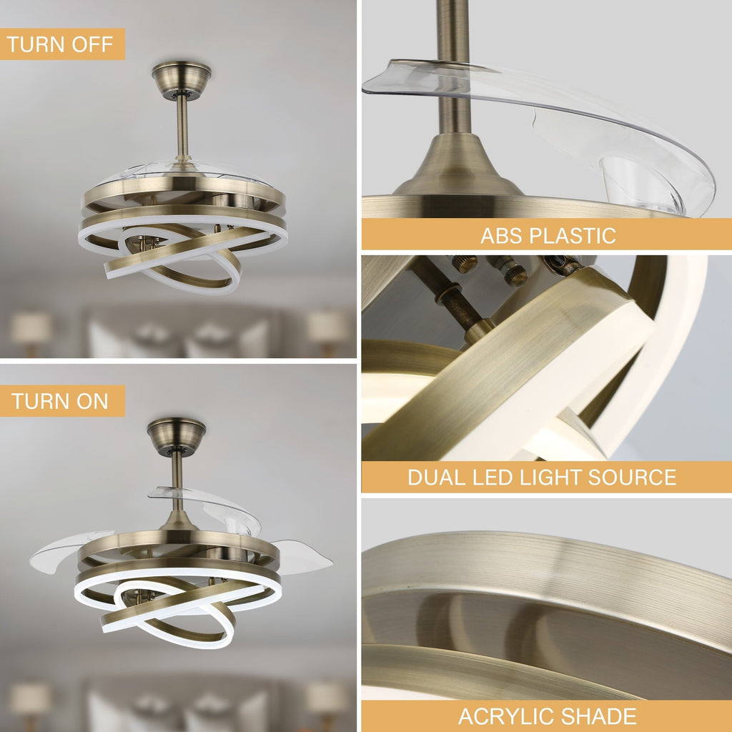 Ventilateur de plafond rétractable Cusp Barn 42 avec éclairage et télécommande, forme DIY, abat-jour moderne, moteur DC silencieux, éclairage LED au plafond.