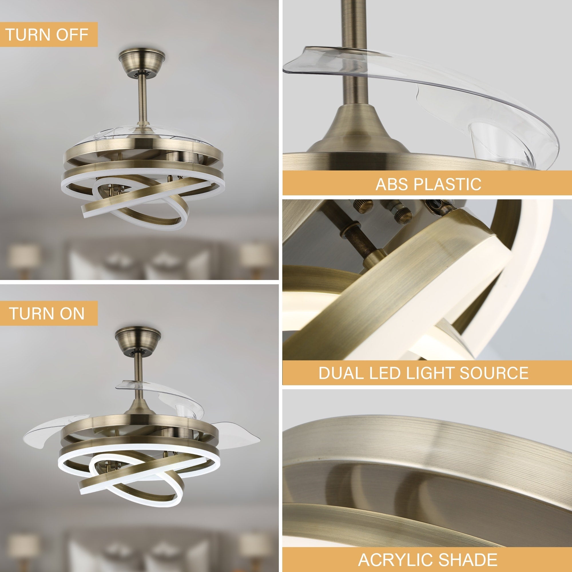 Ventilateur de plafond rétractable Cusp Barn 42 avec éclairage et télécommande, forme DIY, abat-jour moderne, moteur DC silencieux, éclairage LED au plafond.