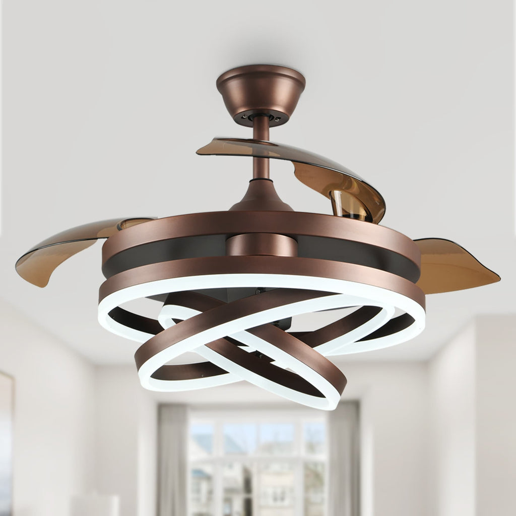 Ventilateur de plafond rétractable Cusp Barn 42 avec éclairage et télécommande, forme DIY, abat-jour moderne, moteur DC silencieux, éclairage LED au plafond.