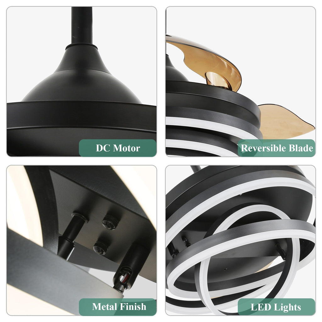 Ventilateur de plafond rétractable Cusp Barn 42 avec éclairage et télécommande, forme DIY, abat-jour moderne, moteur DC silencieux, éclairage LED au plafond.