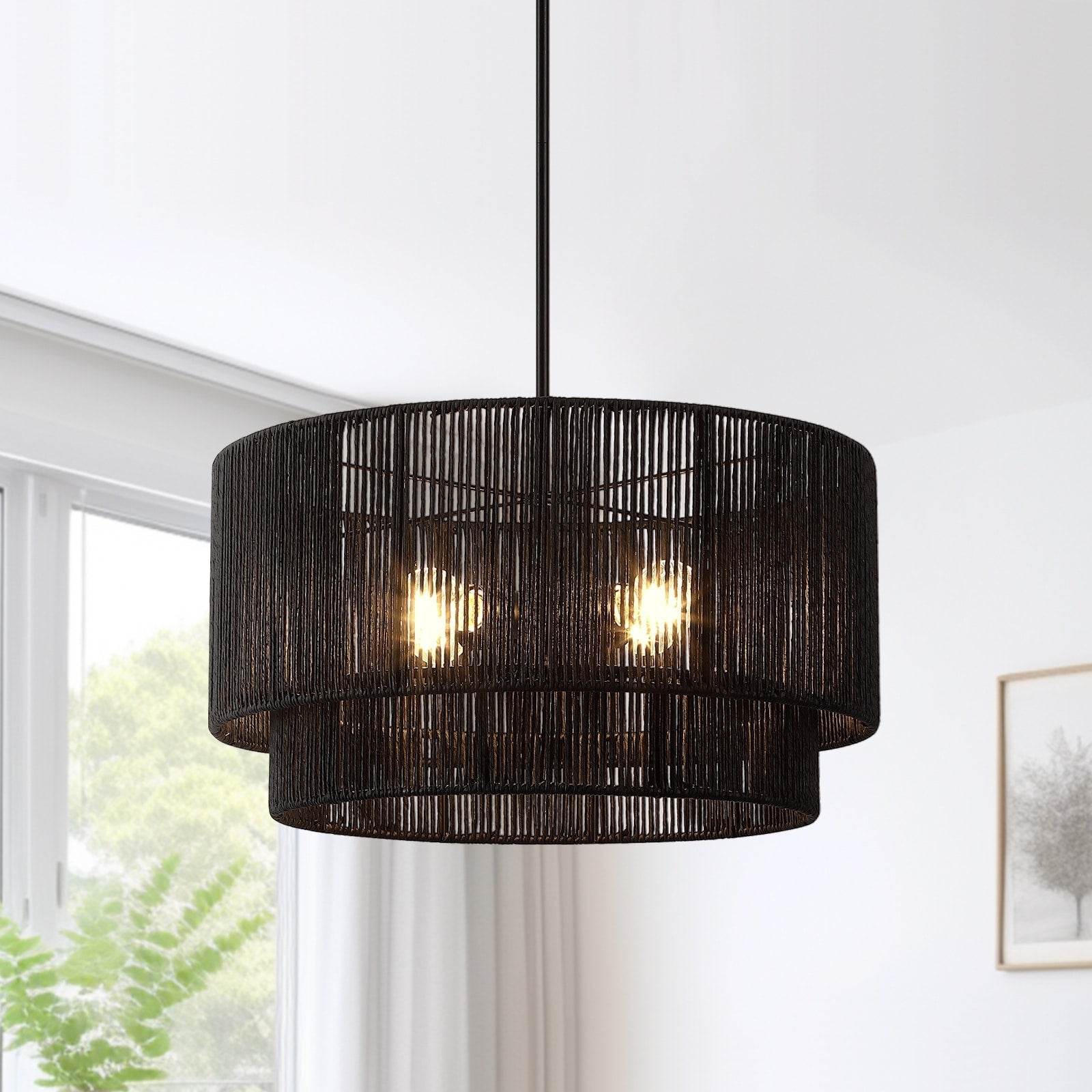 Suspension en rotin noir à 4 lumières, modèle Cynthia - 56 cm de largeur