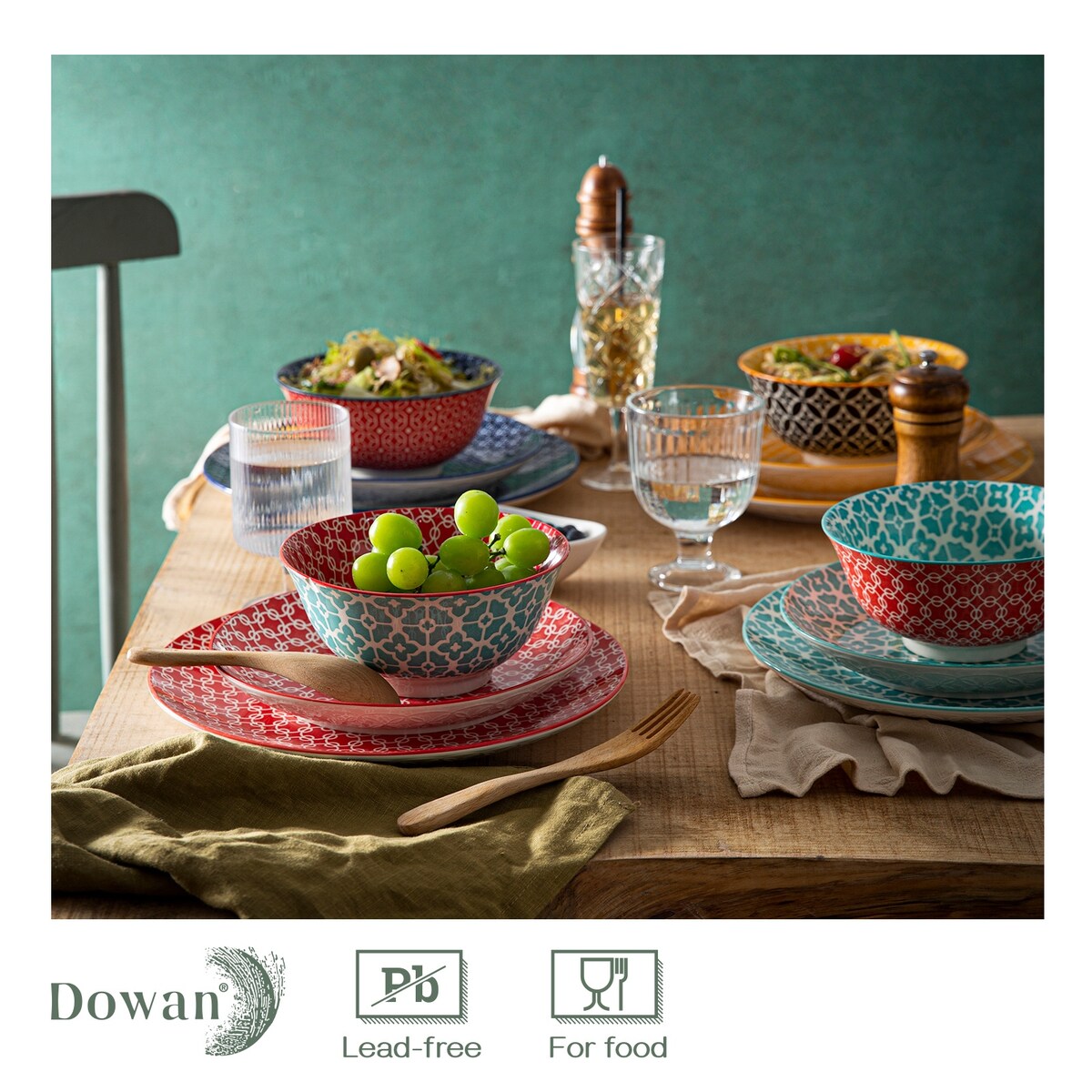 DOWAN Assortiment de bols et d'assiettes en céramique, service de table 12 pièces pour la décoration de Noël, service de vaisselle coloré pour 4 personnes
