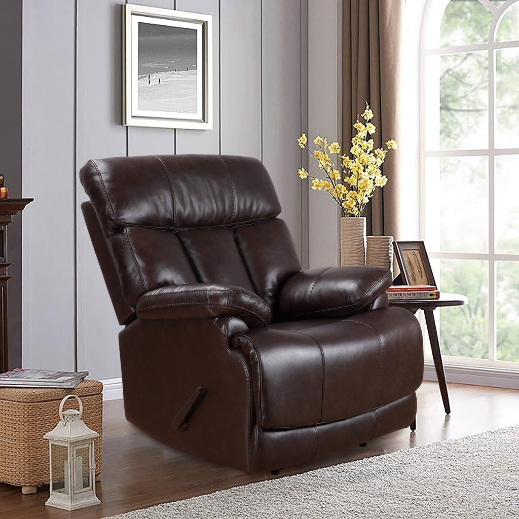 Fauteuil inclinable manuel Davin en cuir pleine fleur marron avec repose-pieds extensible