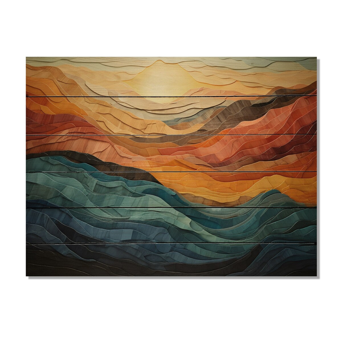 Designart Impression moderne de paysage montagneux aux couleurs corail et bleu sarcelle sur bois de pin naturel