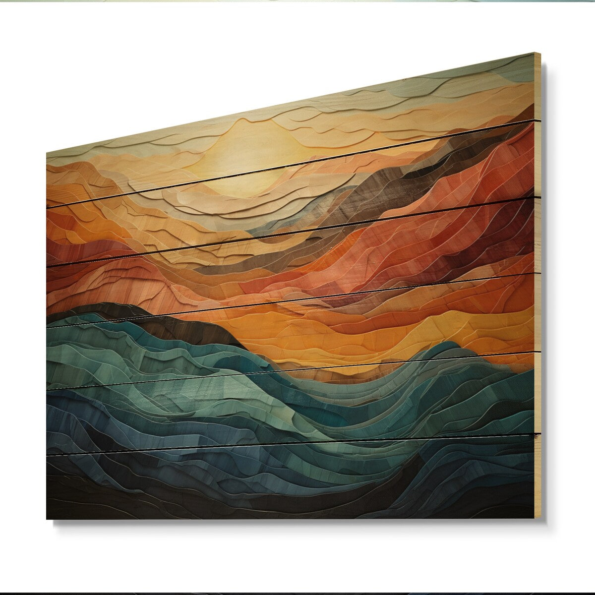 Designart Impression moderne de paysage montagneux aux couleurs corail et bleu sarcelle sur bois de pin naturel