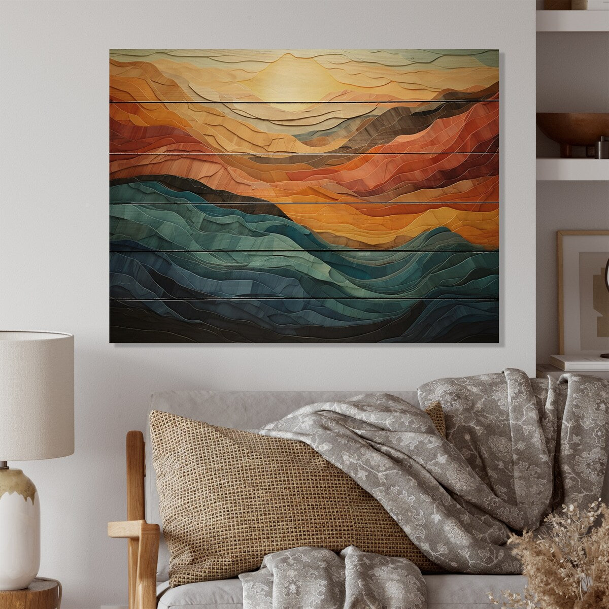 Designart Impression moderne de paysage montagneux aux couleurs corail et bleu sarcelle sur bois de pin naturel