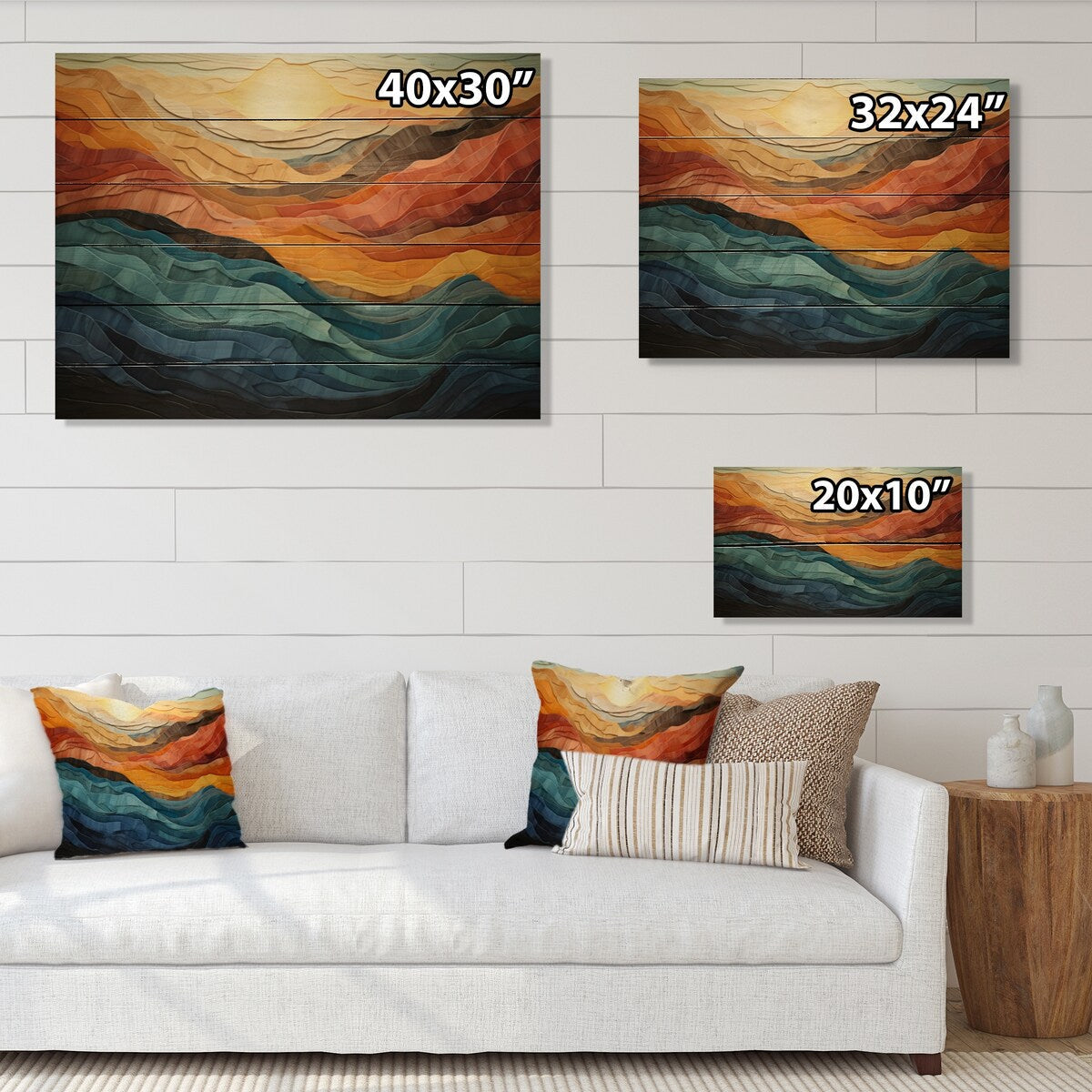 Designart Impression moderne de paysage montagneux aux couleurs corail et bleu sarcelle sur bois de pin naturel