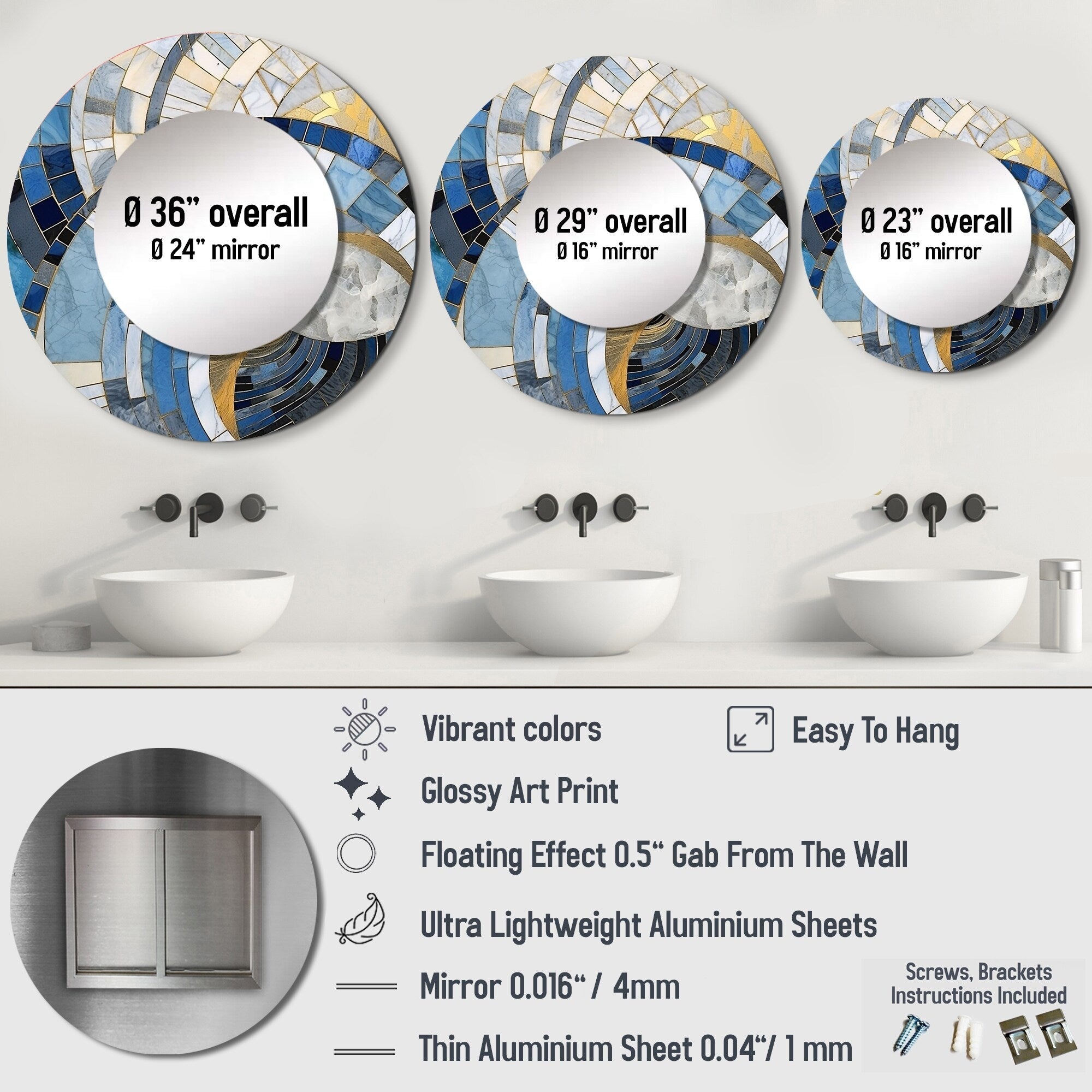 Designart Gold Constructing Blue Realms I Miroir rond à formes abstraites - Miroir moderne bleu pour salon