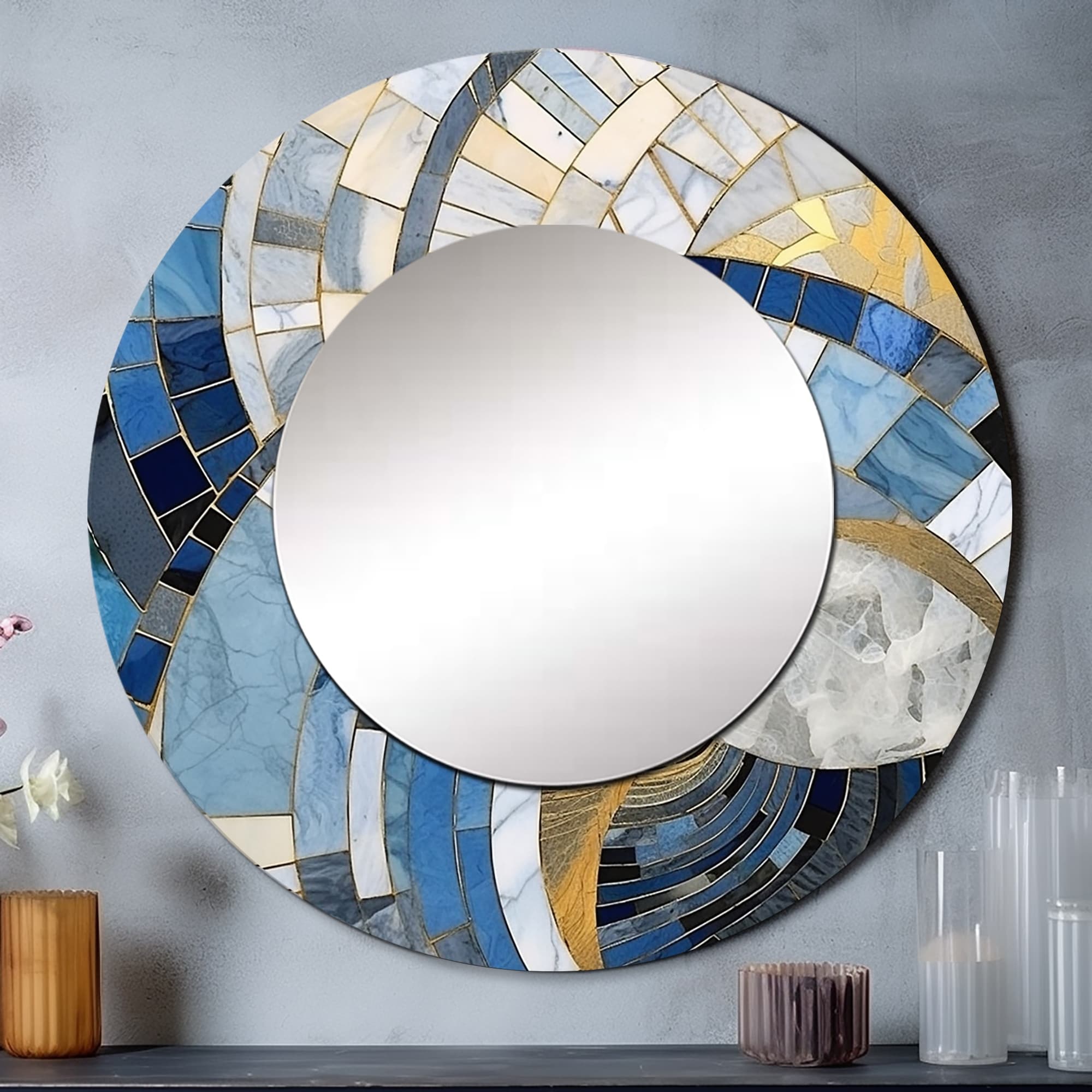 Designart Gold Constructing Blue Realms I Miroir rond à formes abstraites - Miroir moderne bleu pour salon