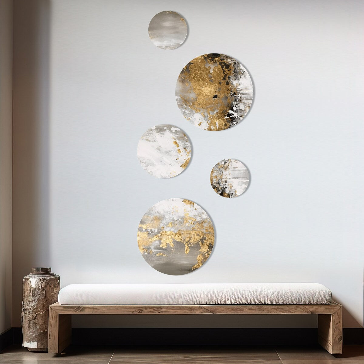 Designart Ensemble de 5 décorations murales métalliques abstraites, doré et blanc.