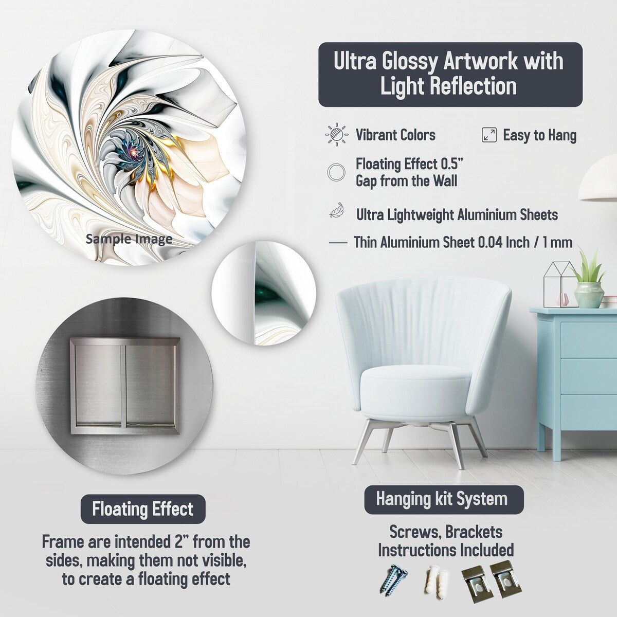 Designart Ensemble de 5 décorations murales métalliques abstraites, doré et blanc.