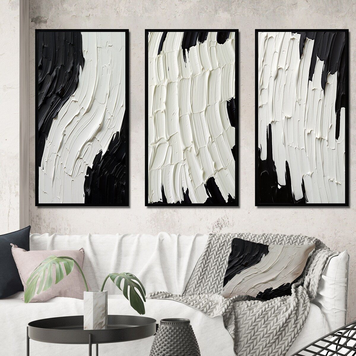 Designart Momentary Spirit - Ensemble de 3 tableaux abstraits noir et blanc, encadrés, pour décoration intérieure.