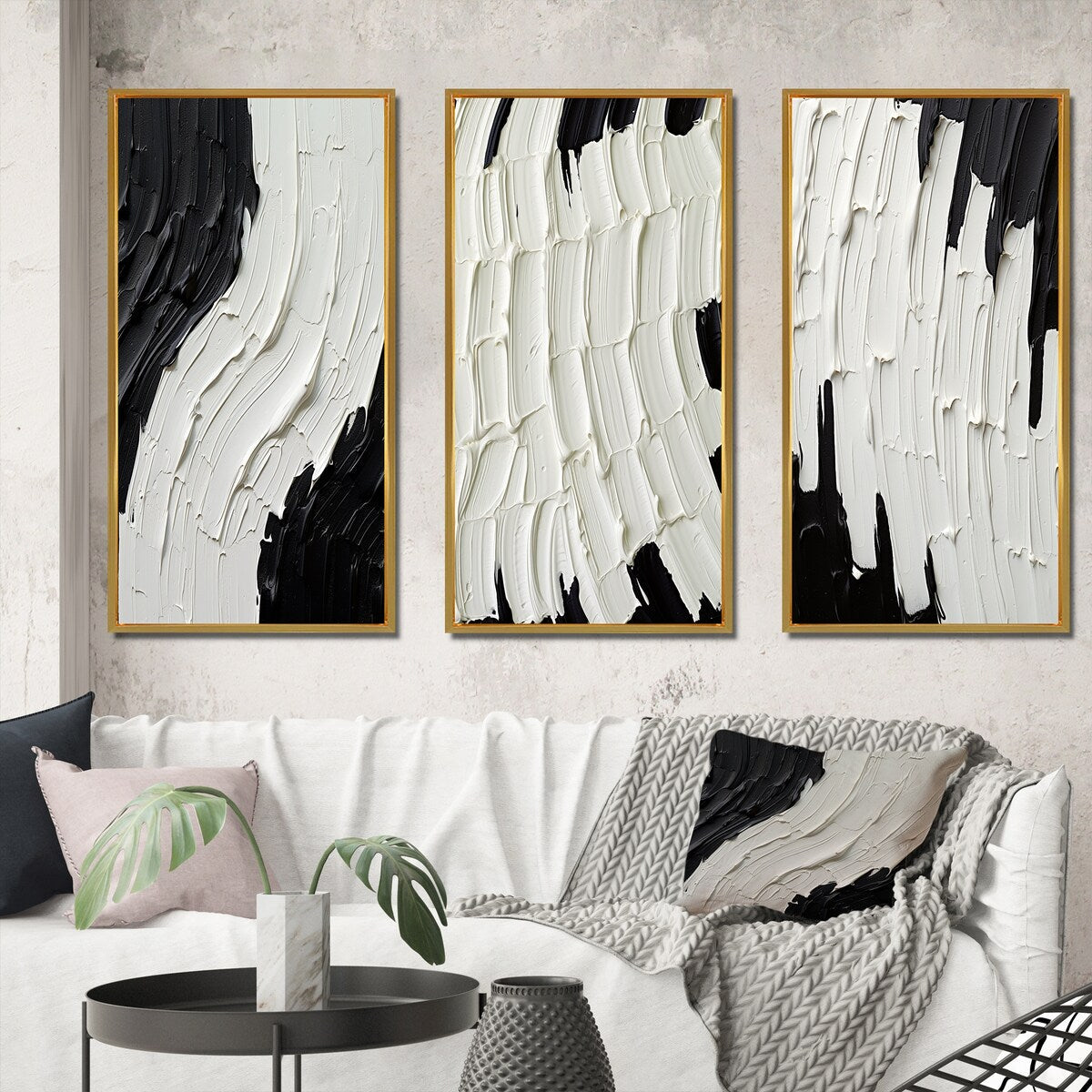 Designart Momentary Spirit - Ensemble de 3 tableaux abstraits noir et blanc, encadrés, pour décoration intérieure.