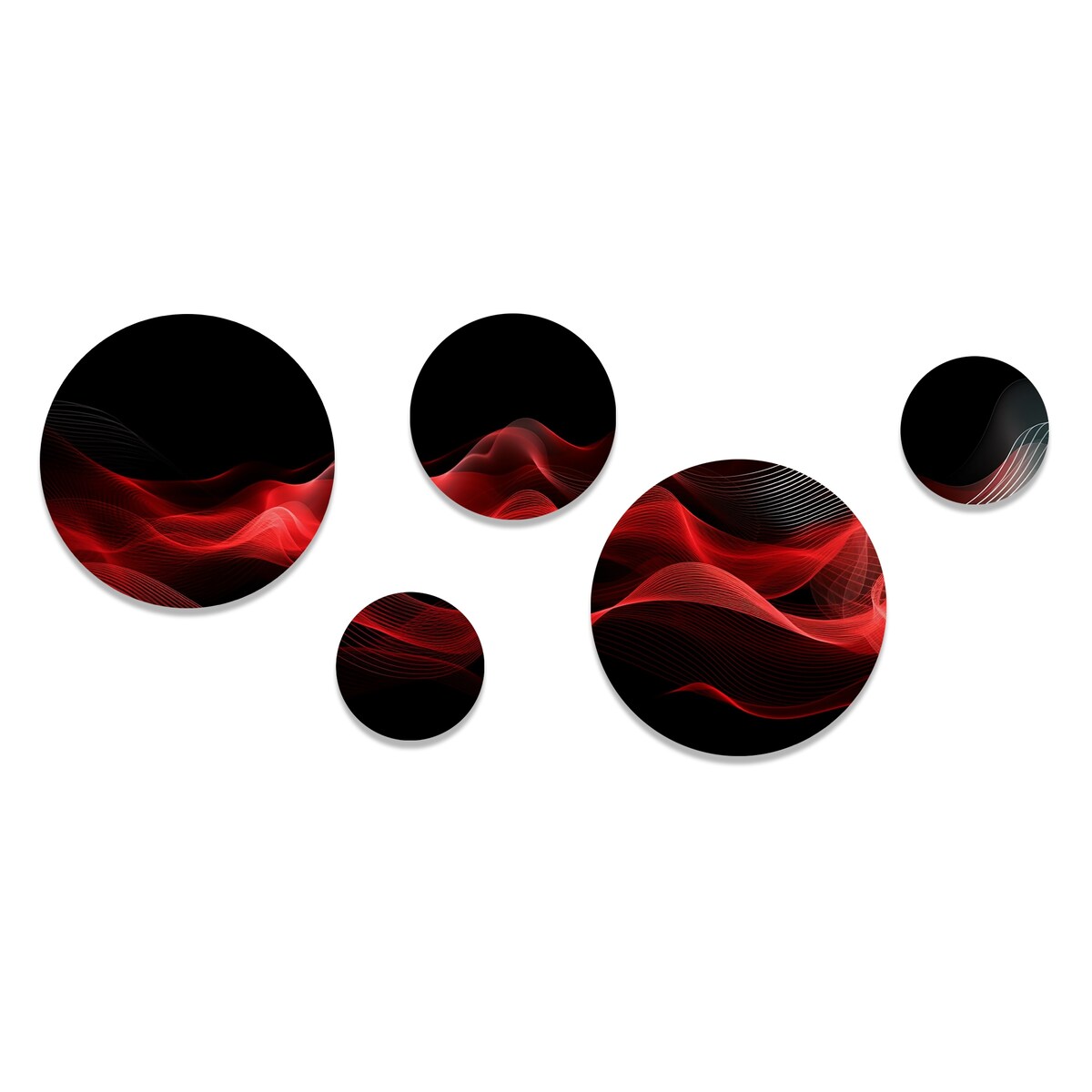 Designart Red Black Contemplative Abstraction IX Modern Waves - Ensemble de 5 tableaux muraux ronds en métal