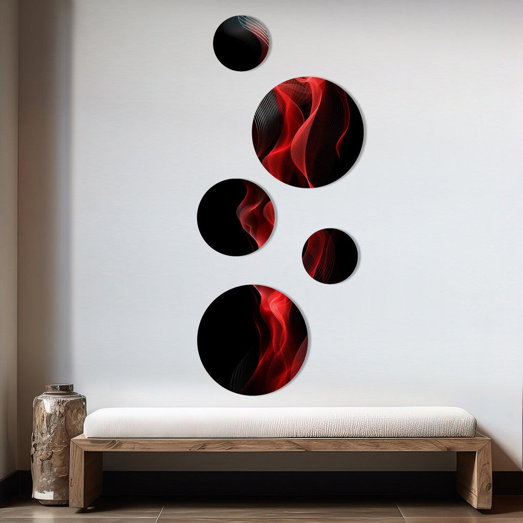 Designart Red Black Contemplative Abstraction IX Modern Waves - Ensemble de 5 tableaux muraux ronds en métal