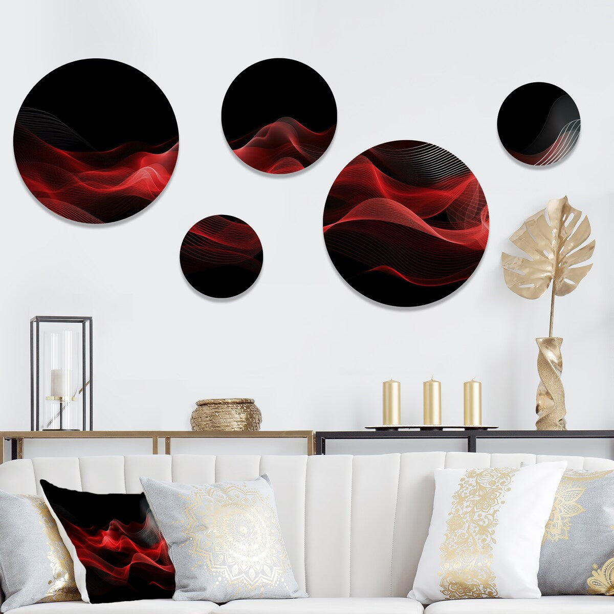 Designart Red Black Contemplative Abstraction IX Modern Waves - Ensemble de 5 tableaux muraux ronds en métal