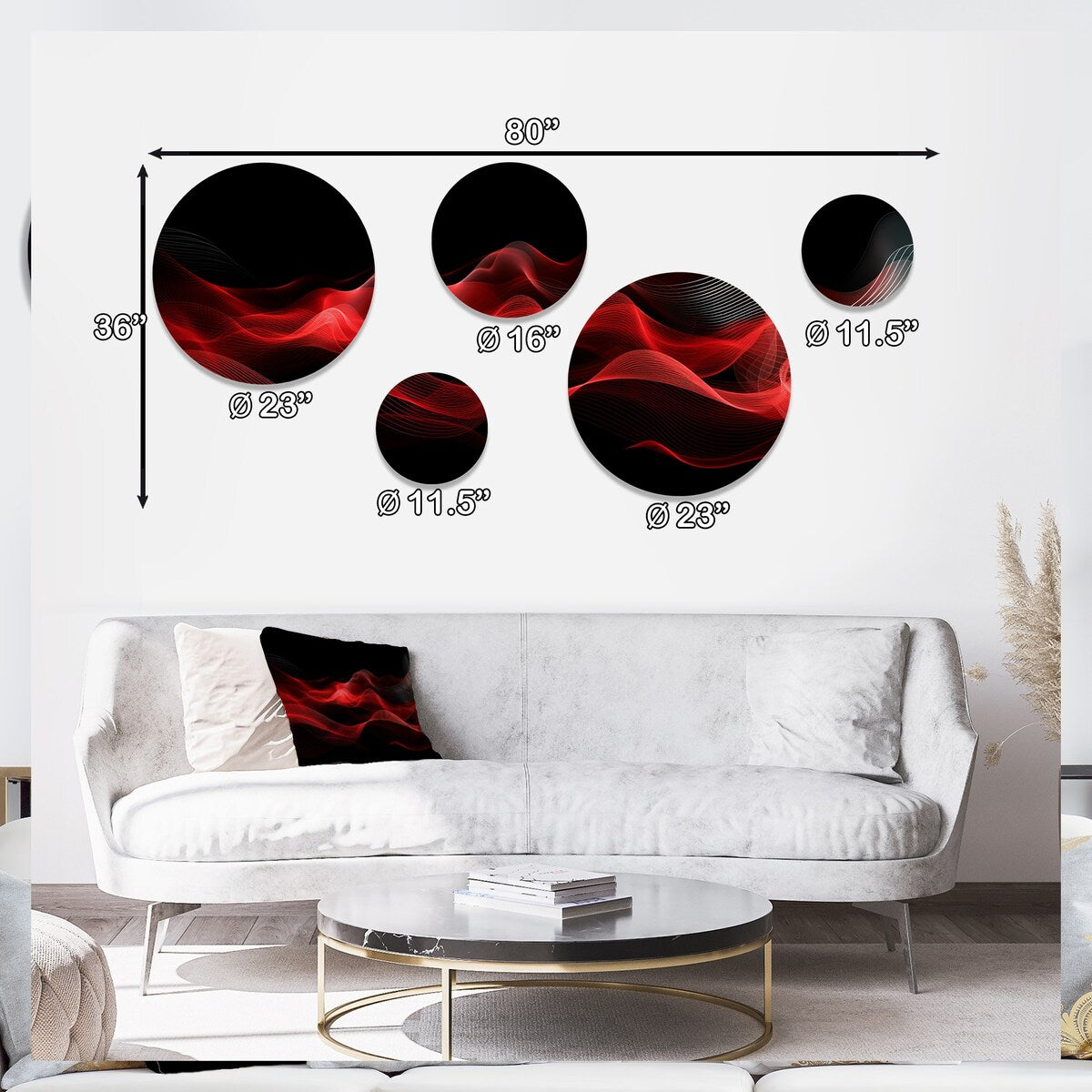 Designart Red Black Contemplative Abstraction IX Modern Waves - Ensemble de 5 tableaux muraux ronds en métal
