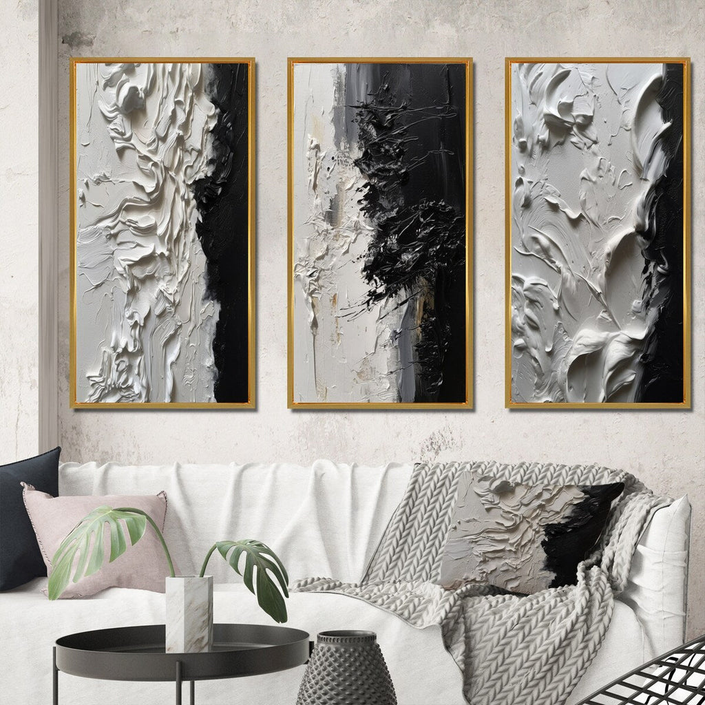 Designart Tranquilité Libérée III - Ensemble de 3 tableaux muraux abstraits marbrés noir et blanc pour décoration de bureau