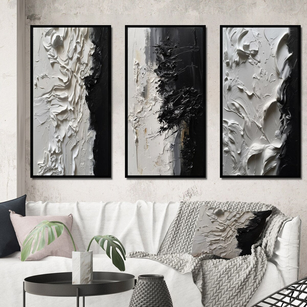 Designart Tranquilité Libérée III - Ensemble de 3 tableaux muraux abstraits marbrés noir et blanc pour décoration de bureau