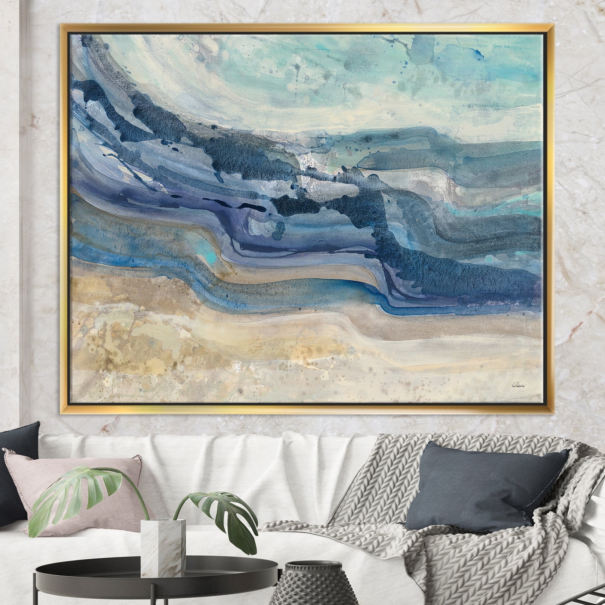 Designart Toile encadrée Peinture à l'aquarelle moderne style farmhouse représentant des vagues bleues de la mer côtière