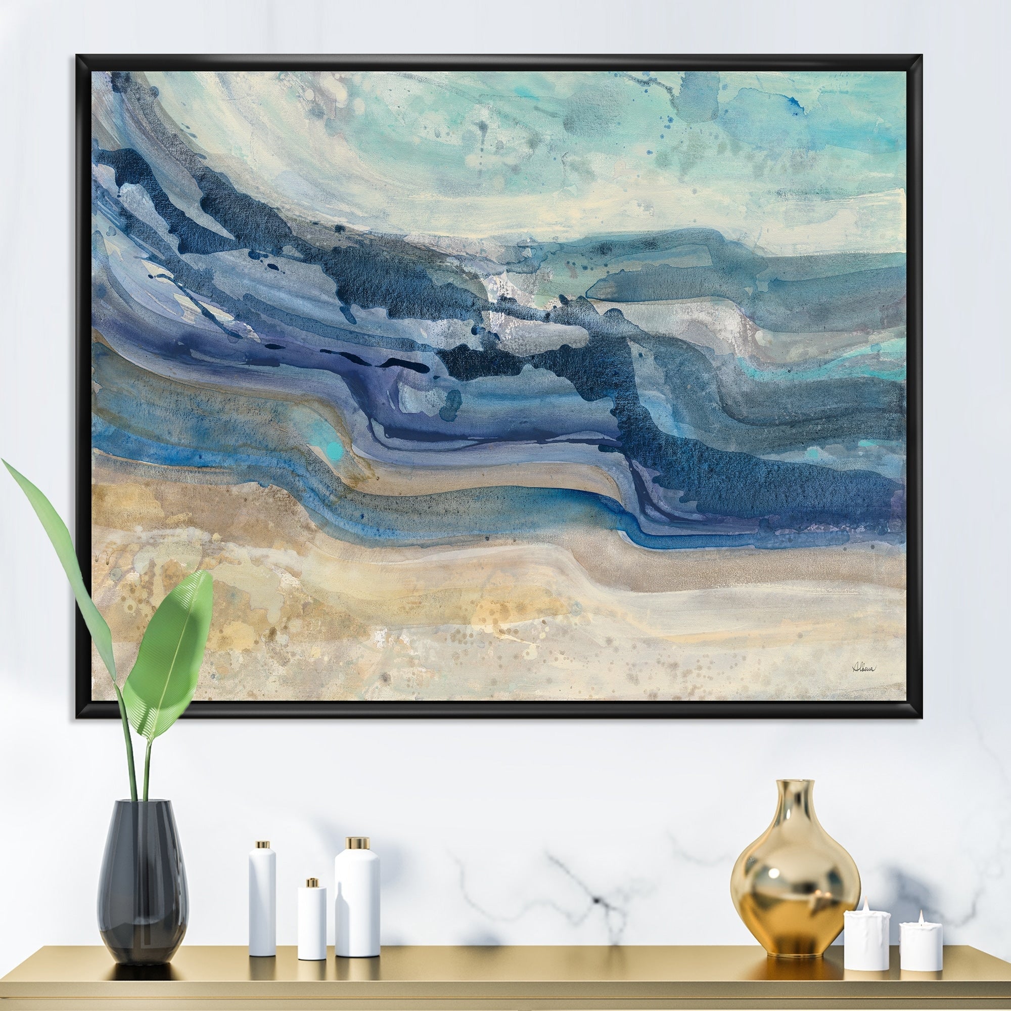 Designart Toile encadrée Peinture à l'aquarelle moderne style farmhouse représentant des vagues bleues de la mer côtière