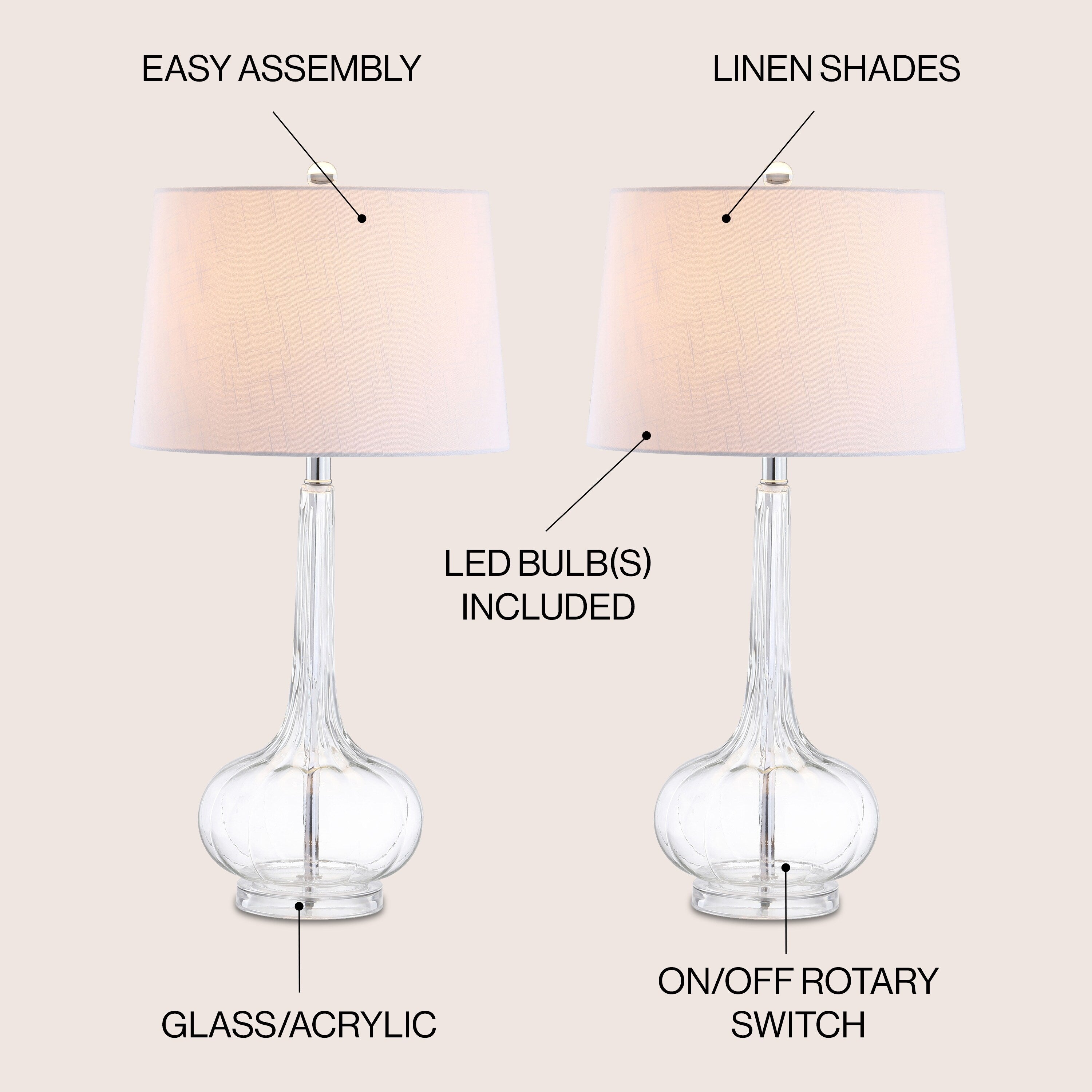 Lampe de table LED en verre en forme de goutte d'eau Diamante 28.5, rose (lot de 2) par JONATHAN Y