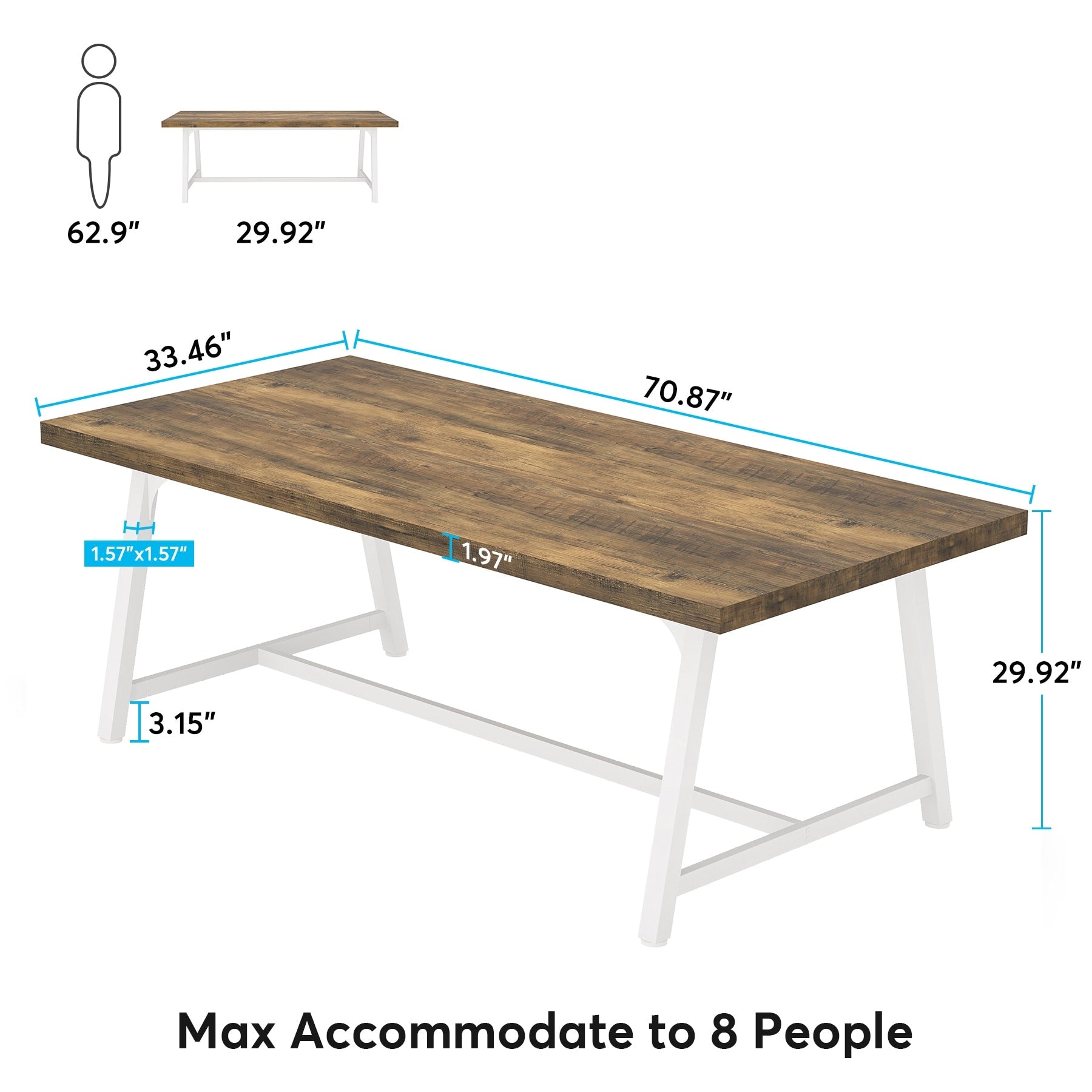 Table de salle à manger pour 8 personnes, table de cuisine rectangulaire en bois de 180 cm (70,87 pouces)