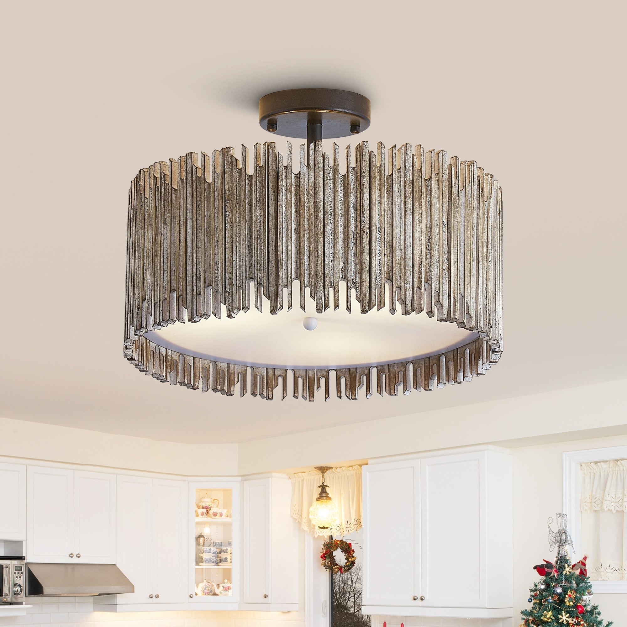 Suspension à 3 lumières en bois blanc vieilli, style tambour, à fixer au plafond