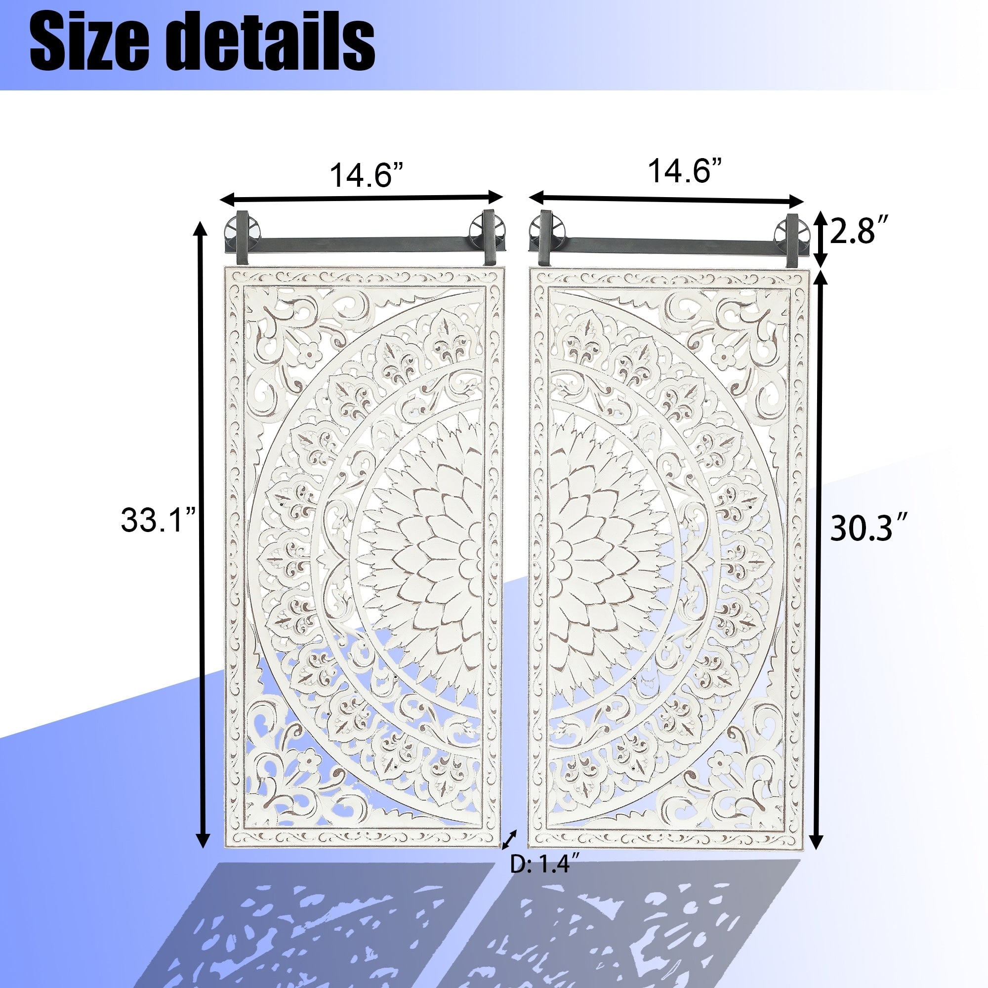 Décoration murale en bois blanc ivoire patiné avec accents noirs (lot de 2)